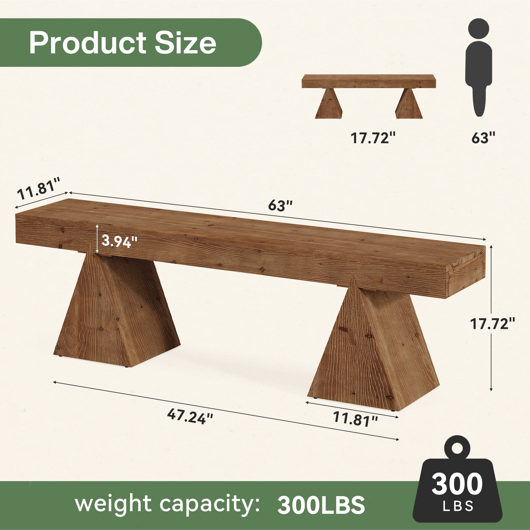 Solid Wood Dining Bench, 63" Entryway Benches with Triangle Base
