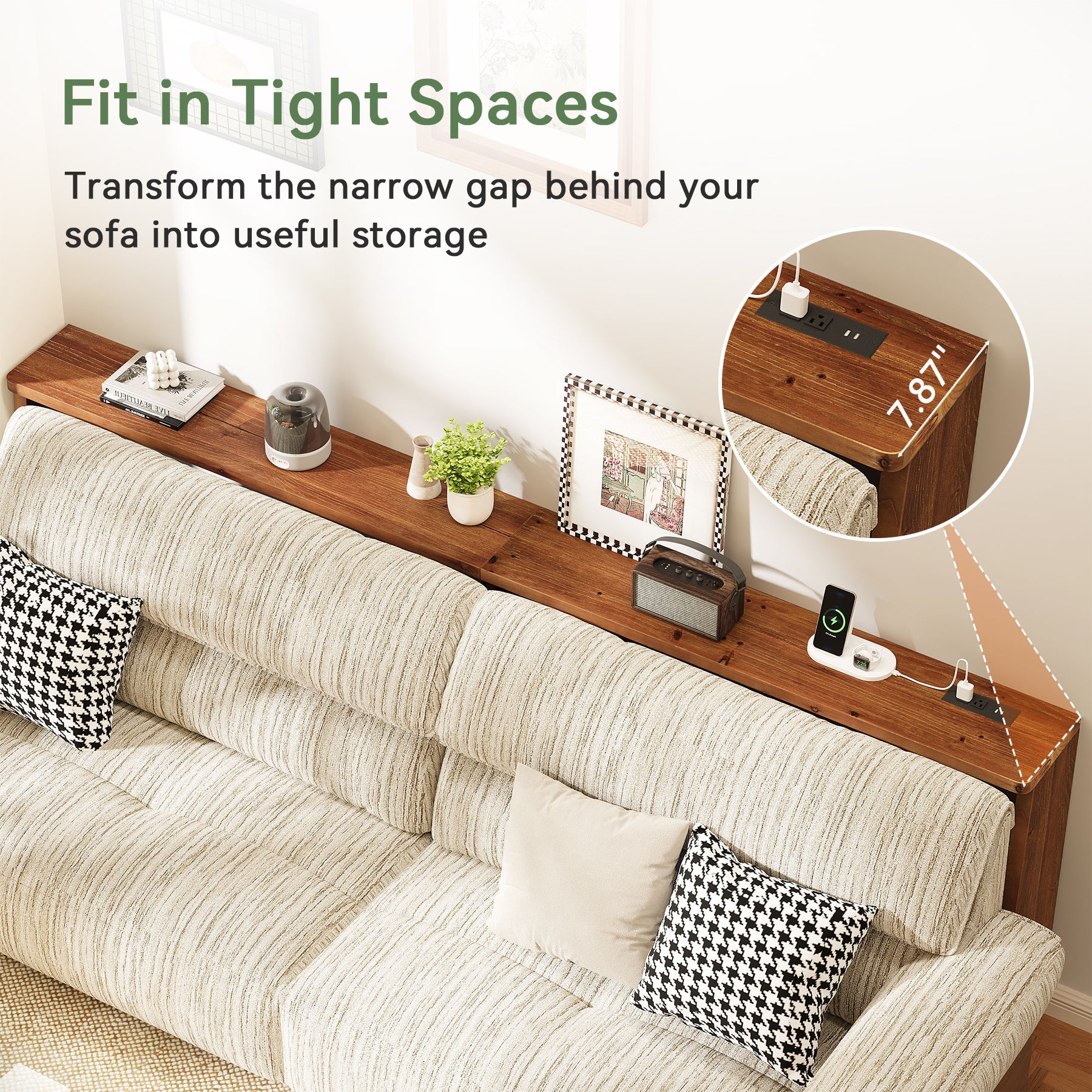 82.7" Narrow Solid Wood Sofa Table Behind Couch with Power Outlets and USB Ports