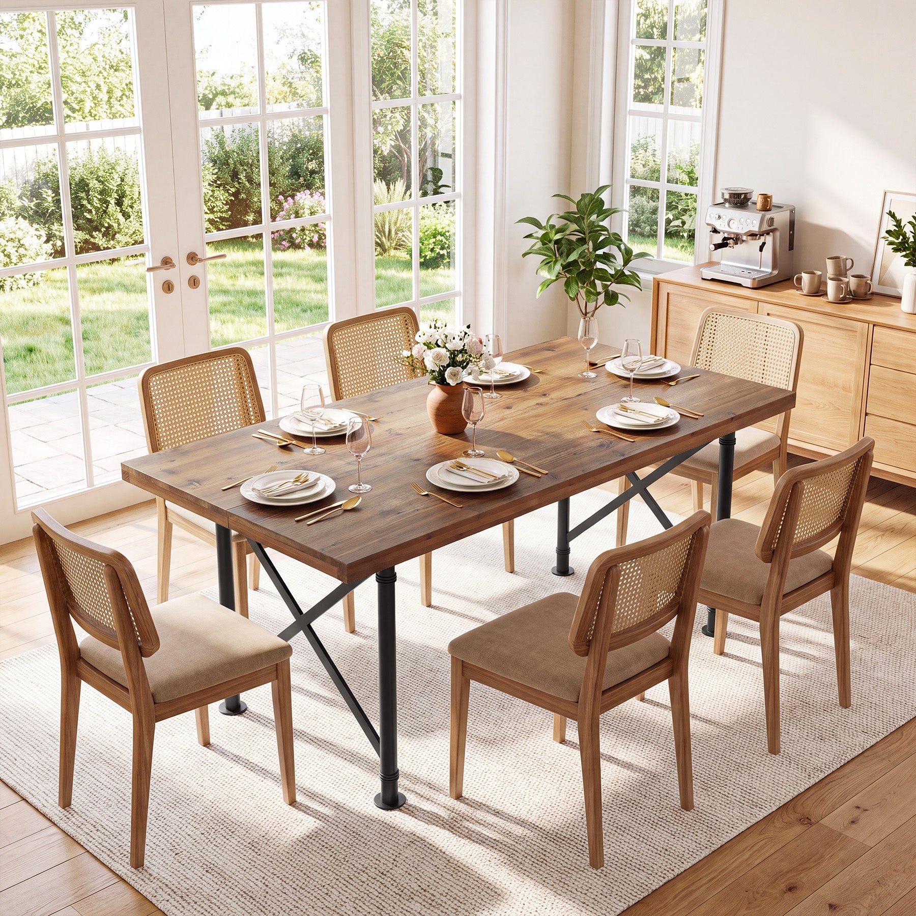 63" Rectangular Dining Table, Solid Wood Kitchen Table with Sturdy X-Shaped Legs for 4-6