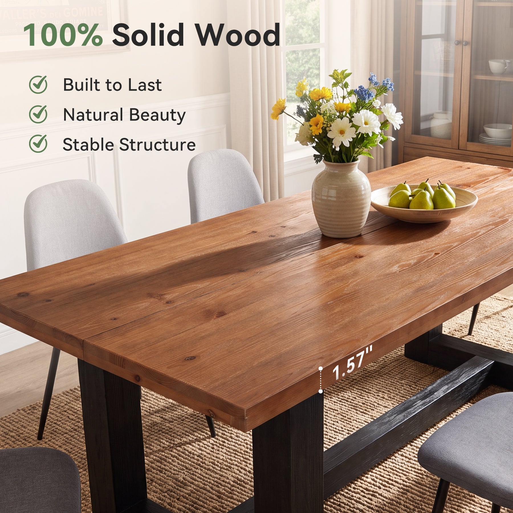 63" Rectangle Dining Table, Solid Wood Kitchen Table with Heavy-Duty Legs for 6 People