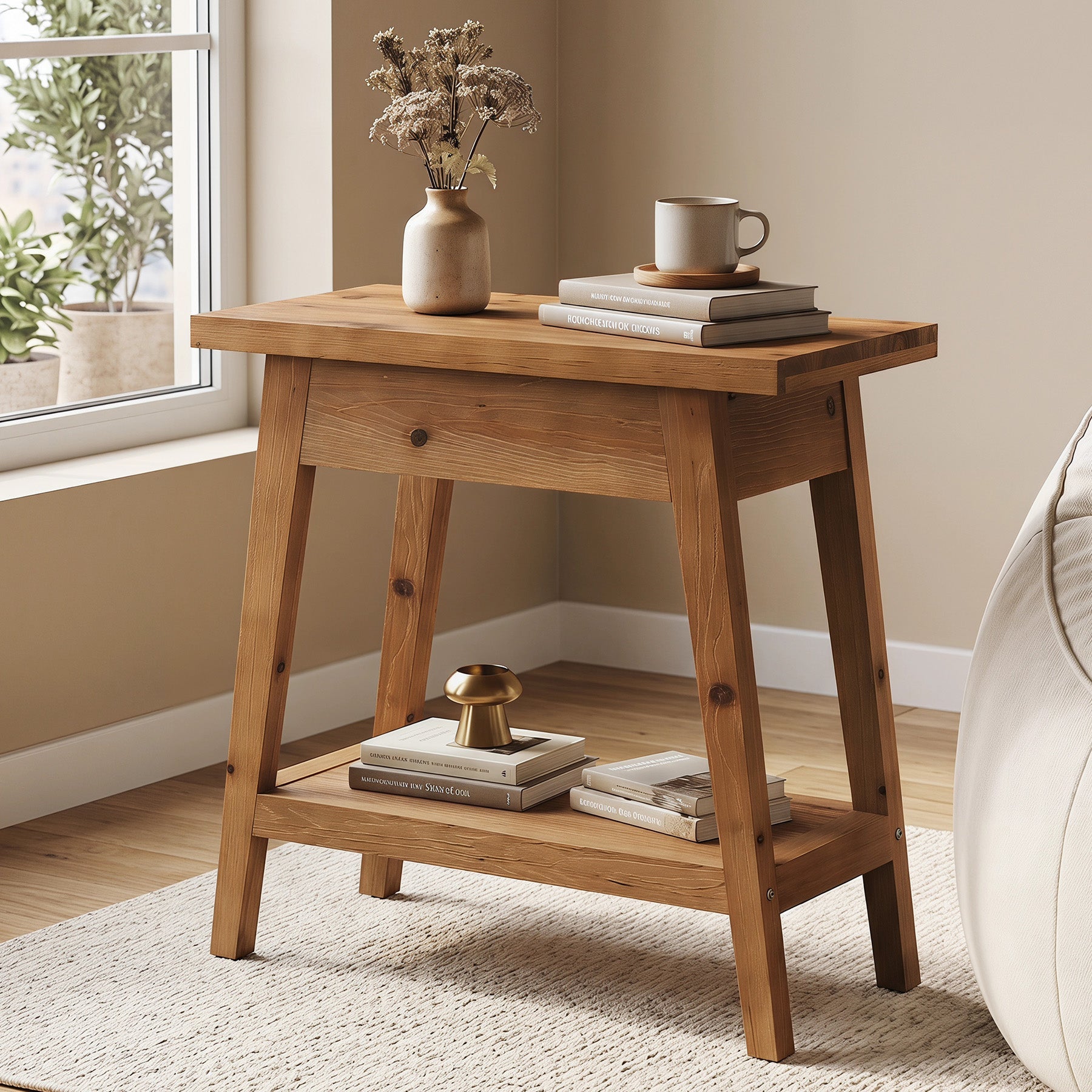 2-Tier Solid Wood End Table, Farmhouse Side Table with Storage for Living Room