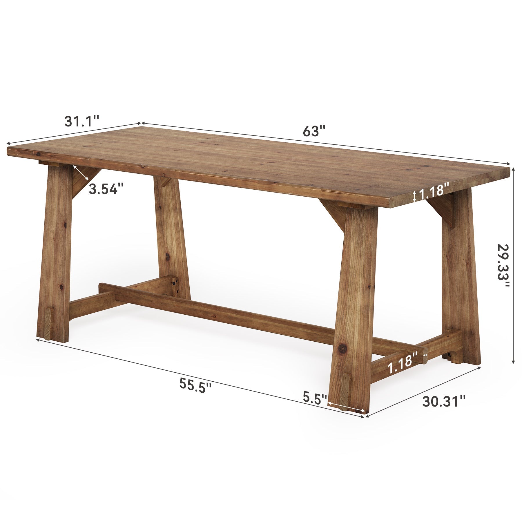63" Solid Wood Dining Table for 4-6 People, Rustic Farmhouse Kitchen & Dining Room Table