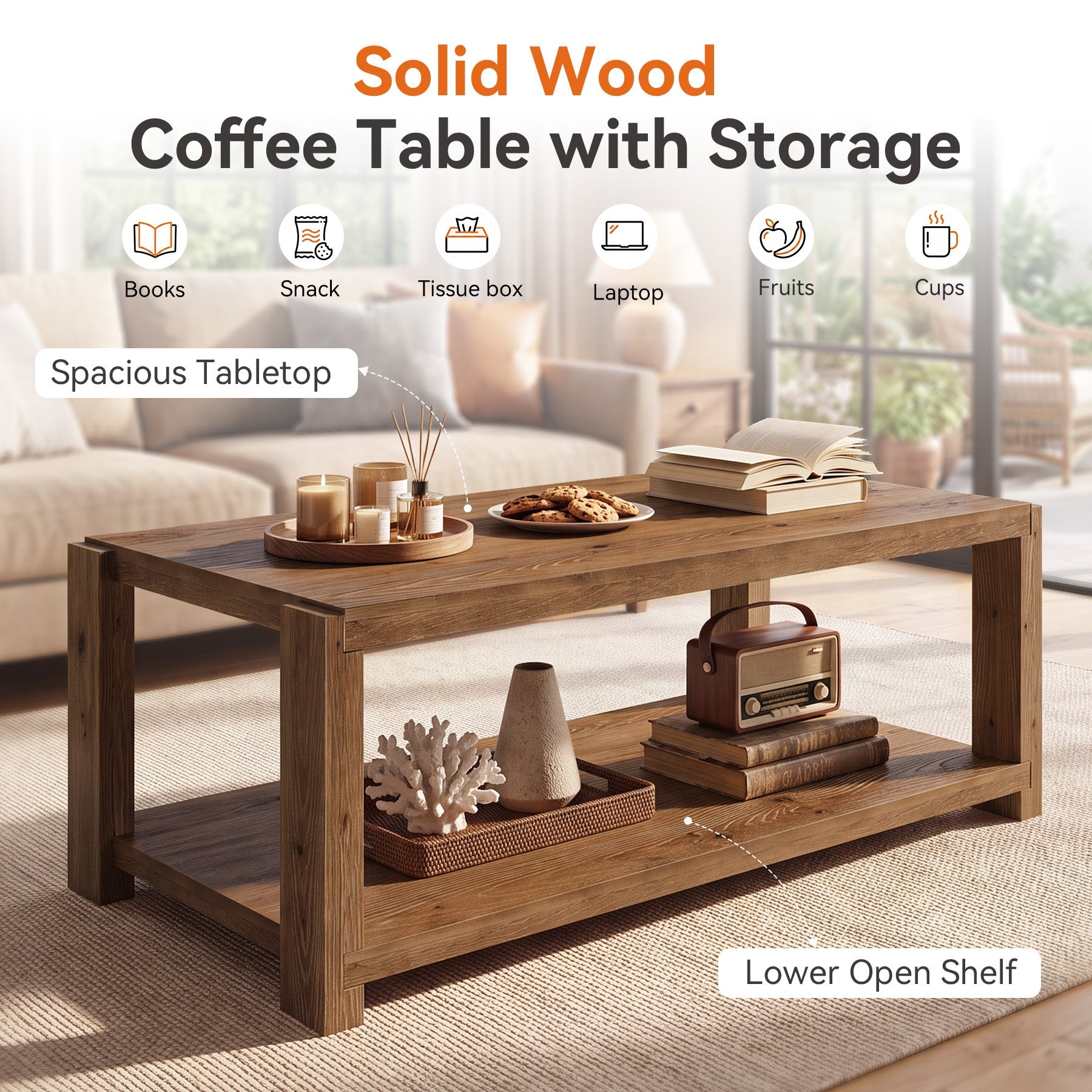 47" Farmhouse Solid Wood Coffee Table, Rectangular Cocktail Table with 2-Tier Open Shelf