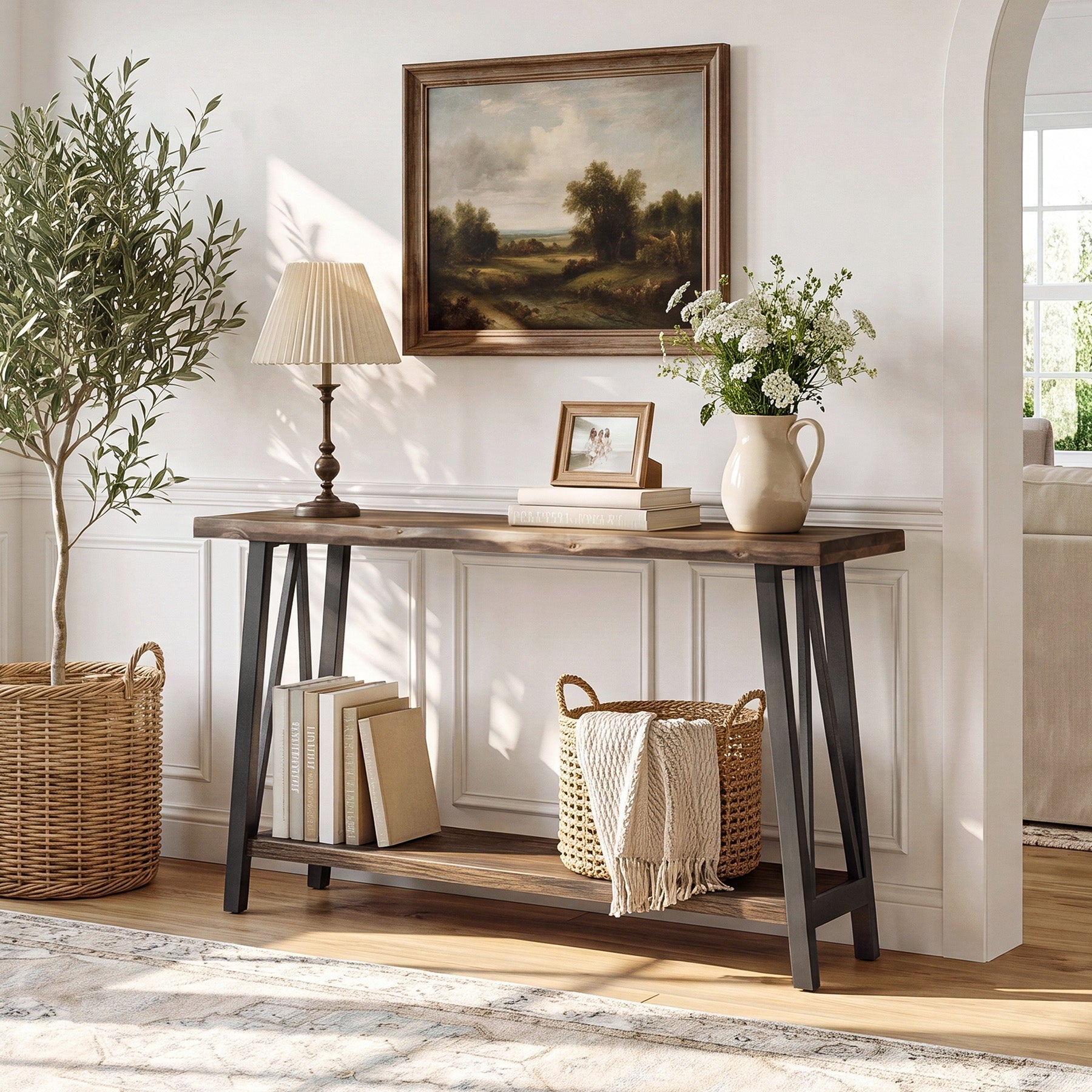 41.3" Live-Edge Solid Wood Console Table, 2-Tier Entryway Table with Metal Frame
