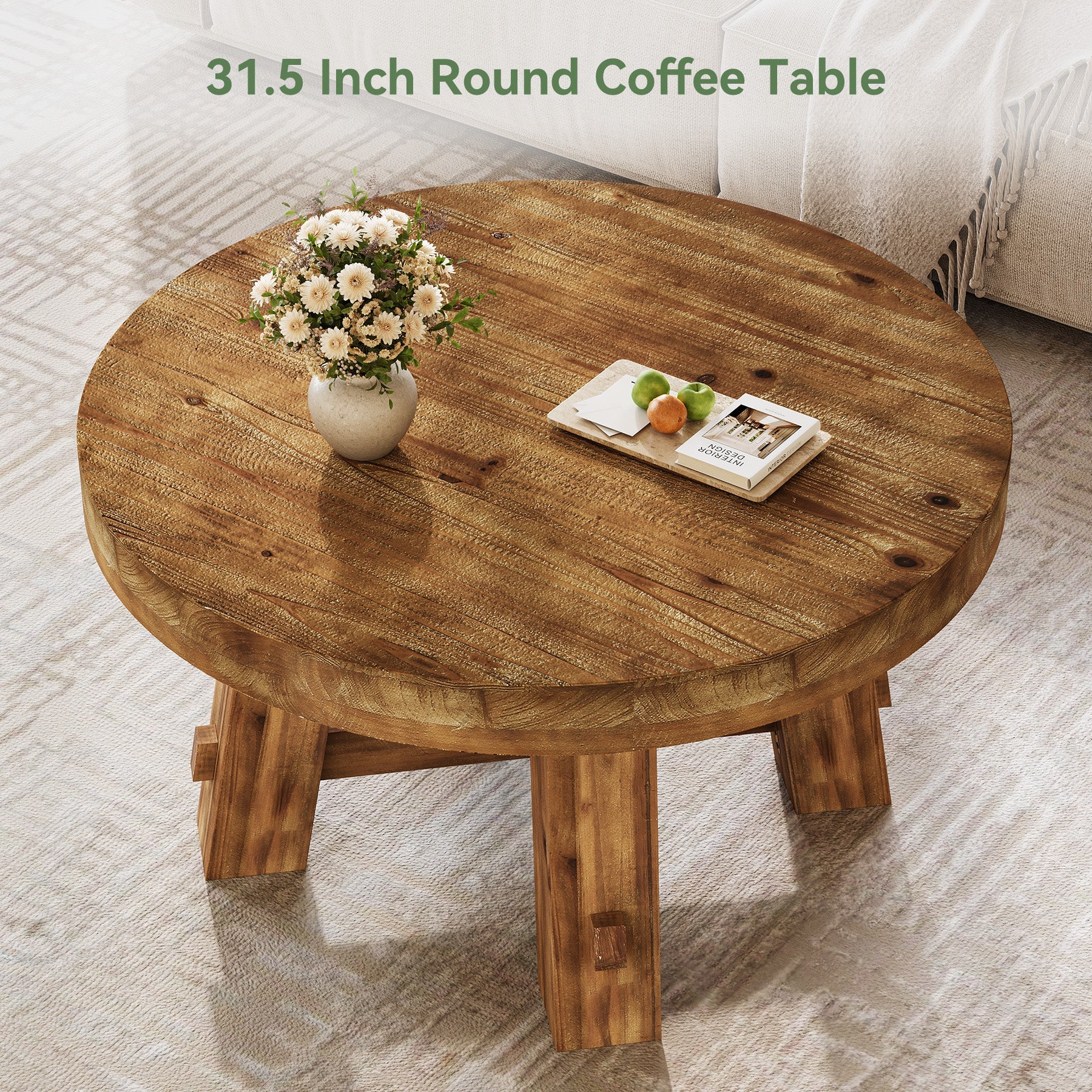 Solid Wood Coffee Table, 31.5" Round Center Table with Thickened Tabletop