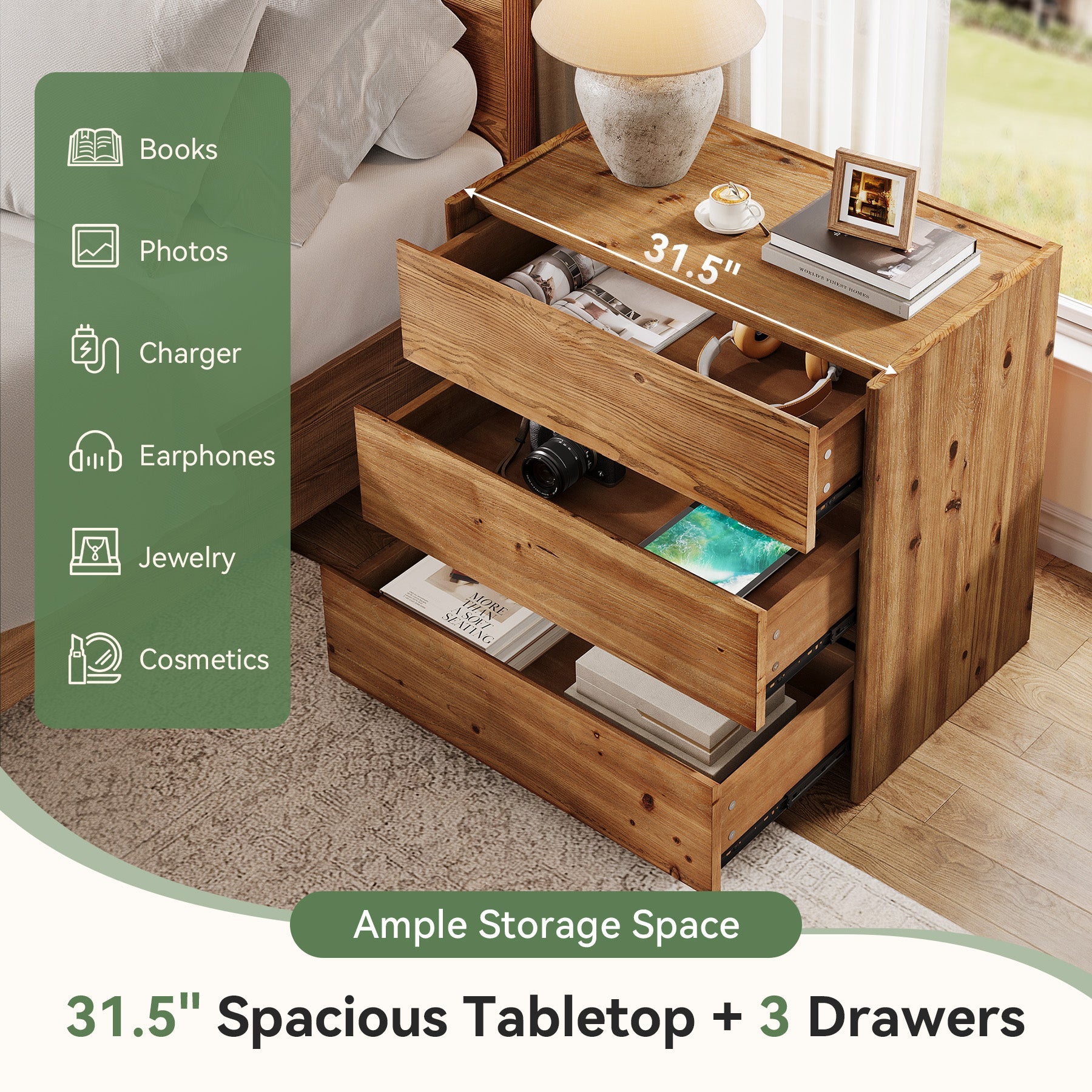 Oversized Solid Wood Nightstand, 31.5" Wide Bedside Table with 3 Drawers