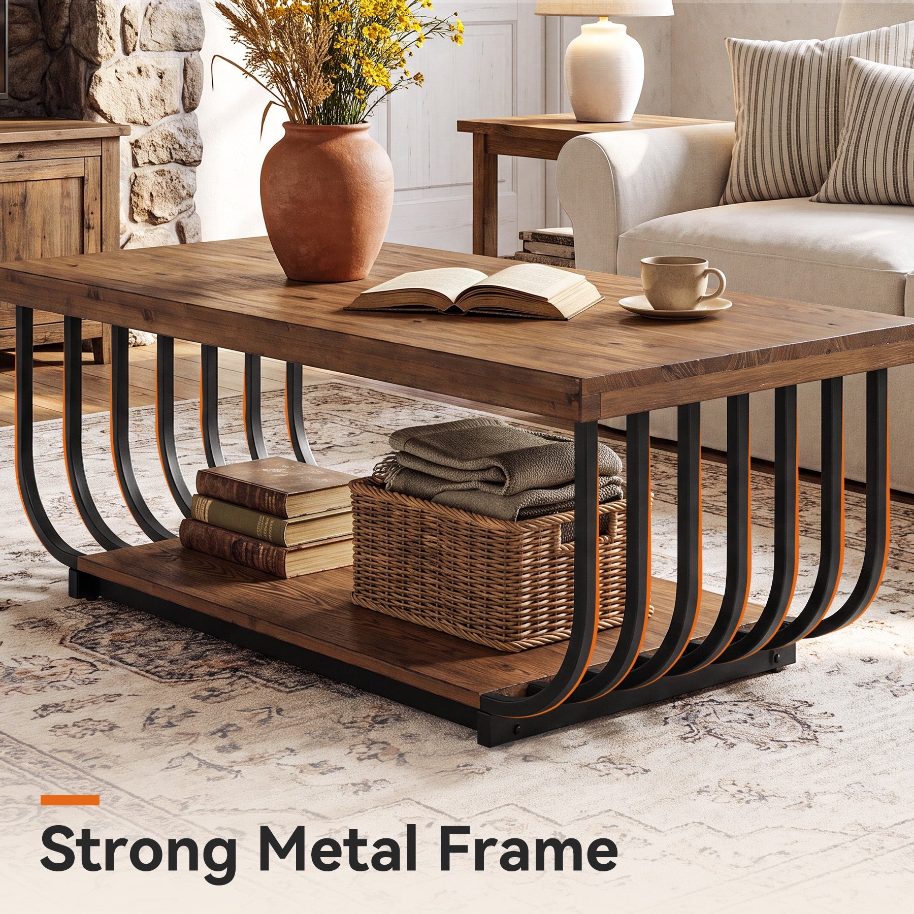 47" Solid Wood Coffee Table, Rectangle Center Table with 2-Tier Storage & Metal Frame