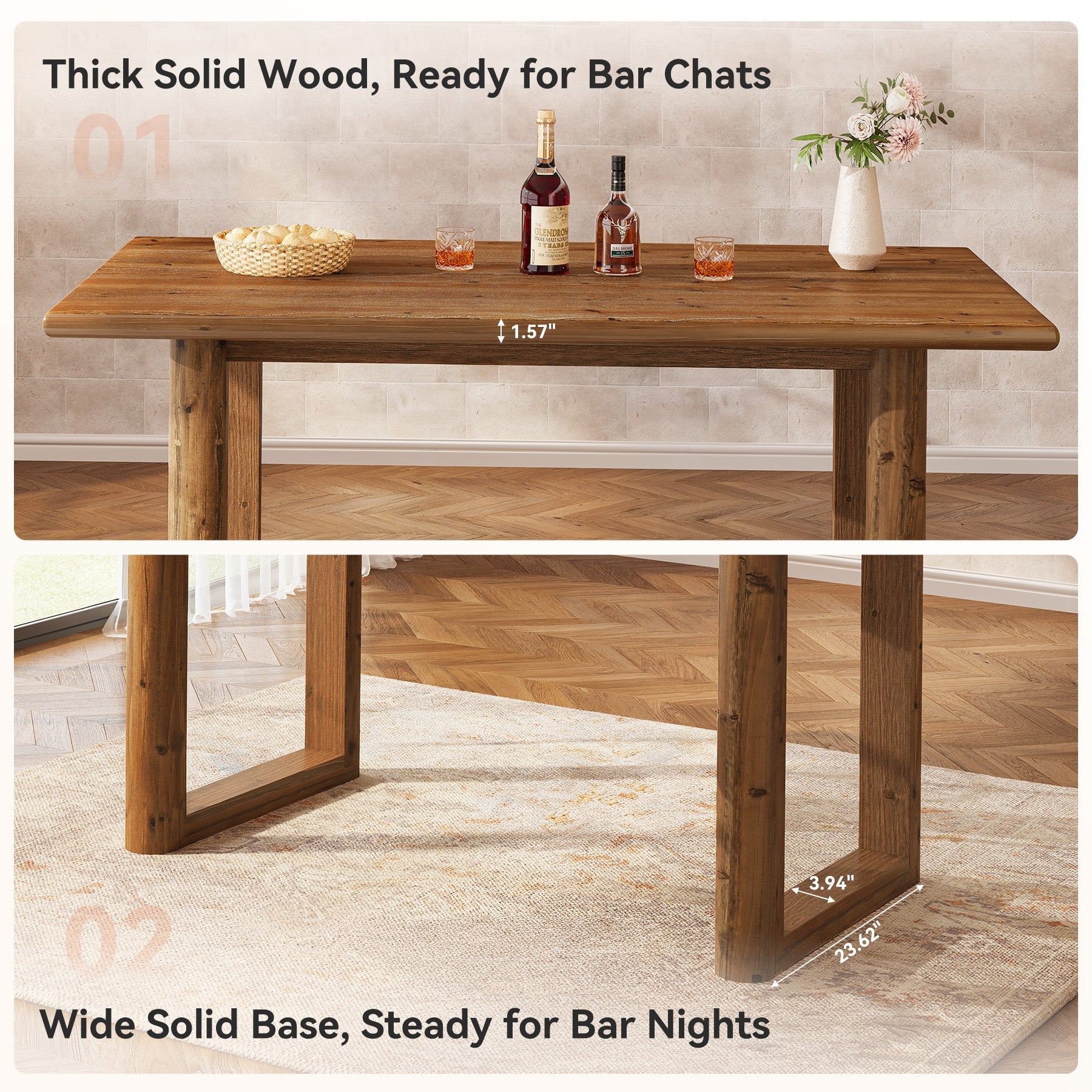 63" Solid Wood Bar Table, Farmhouse Counter Height Pub Table with U-Shaped Legs