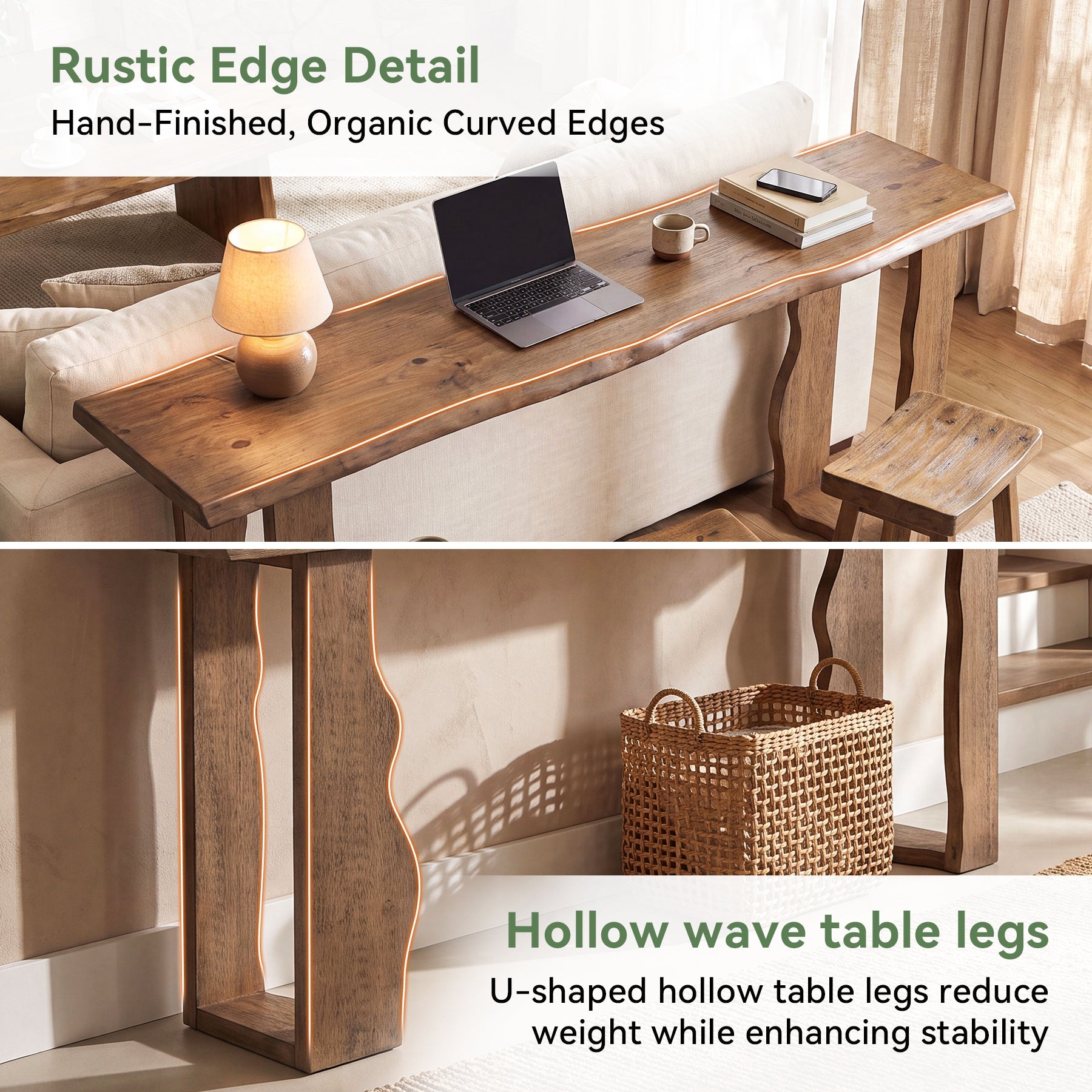 70.9" Solid Wood Console Table, Live Edge Entryway Sofa Table with Wavy Legs