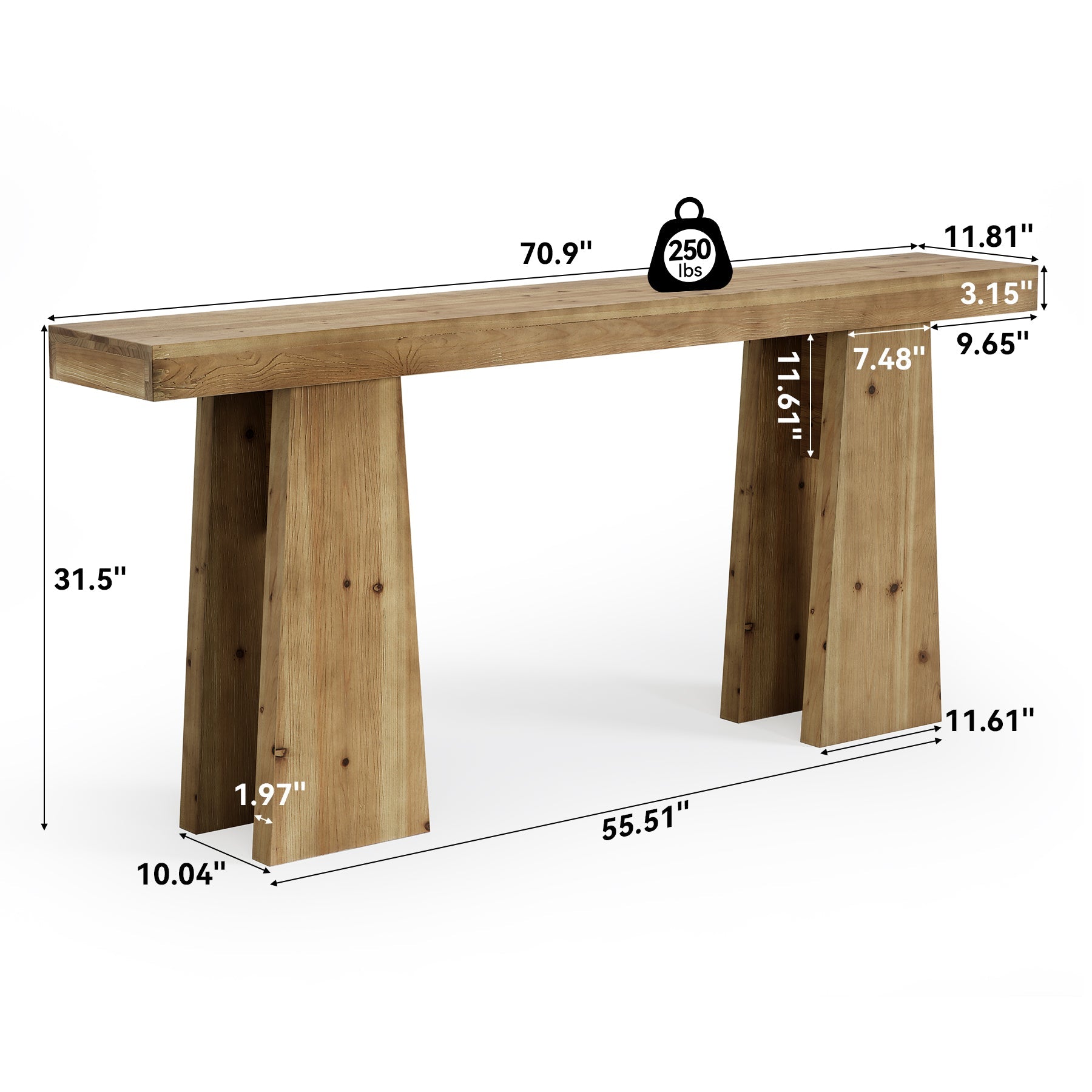 70.9" Solid Wood Console Table, Long Sofa Table with Reinforced Frame