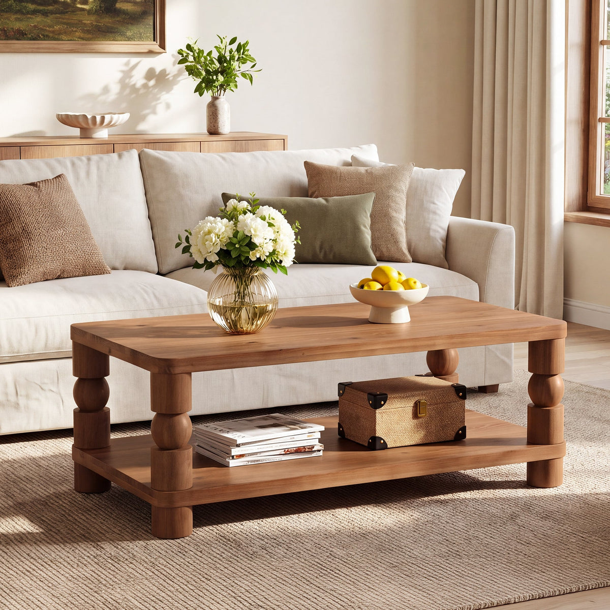 47" Farmhouse Solid Wood Coffee Table, 2-Tier Storage, Living Room