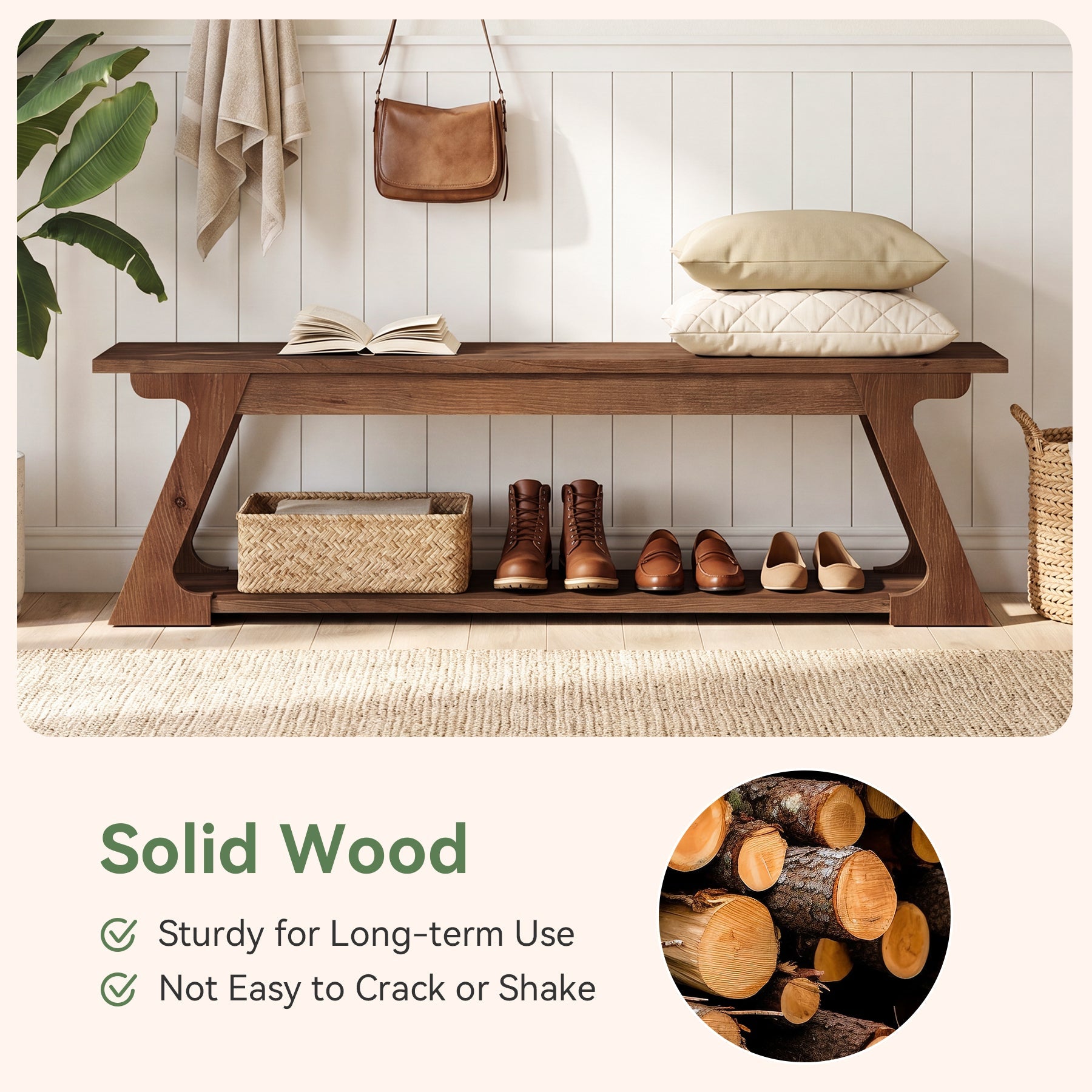 59" Solid Wood Entryway Bench, End of Bed Bench with Trapezoidal-Shaped Leg