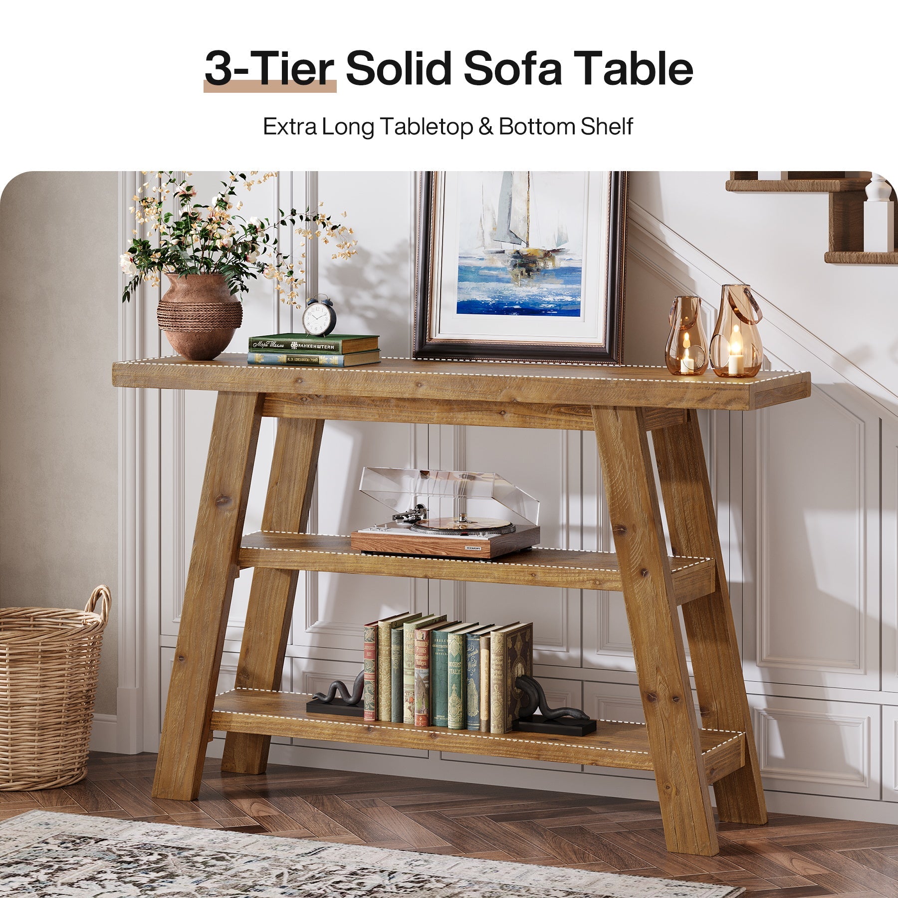 Solid Wood Console Table, 47.24" Farmhouse Entryway Table with 3-Tier Shelves