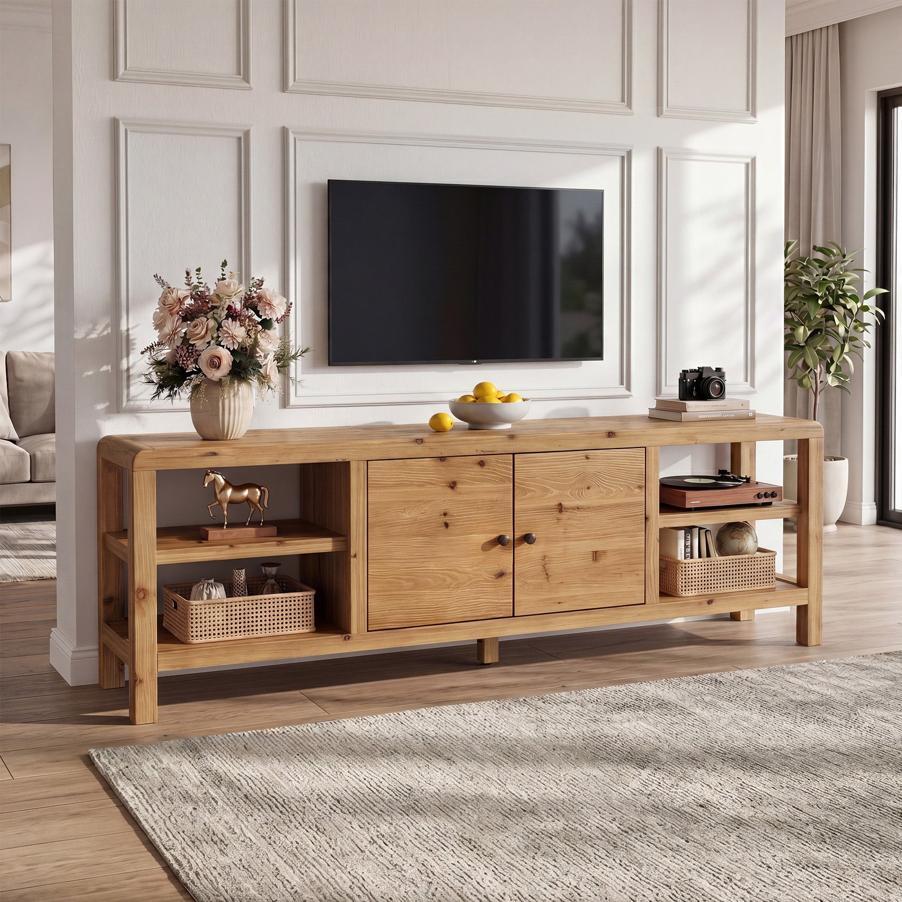 70.9-Inch Solid Wood TV Stand with Door and Storage Shelves, Farmhouse Entertainment Center for TVs up to 80 Inches