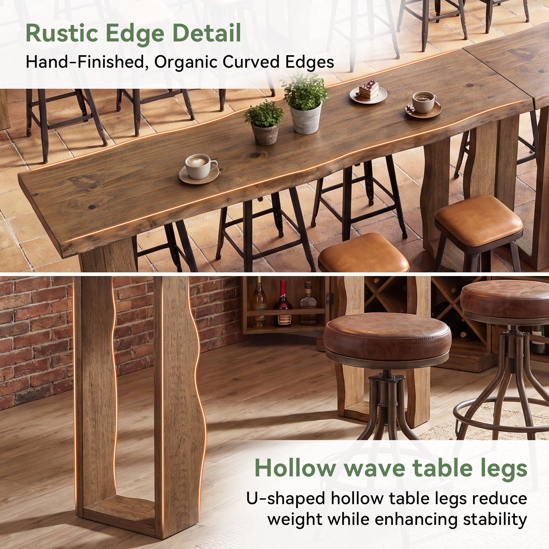 Solid Wood Bar Table with Curved Wave Legs, 70.9" Counter Height Pub Table for Kitchen