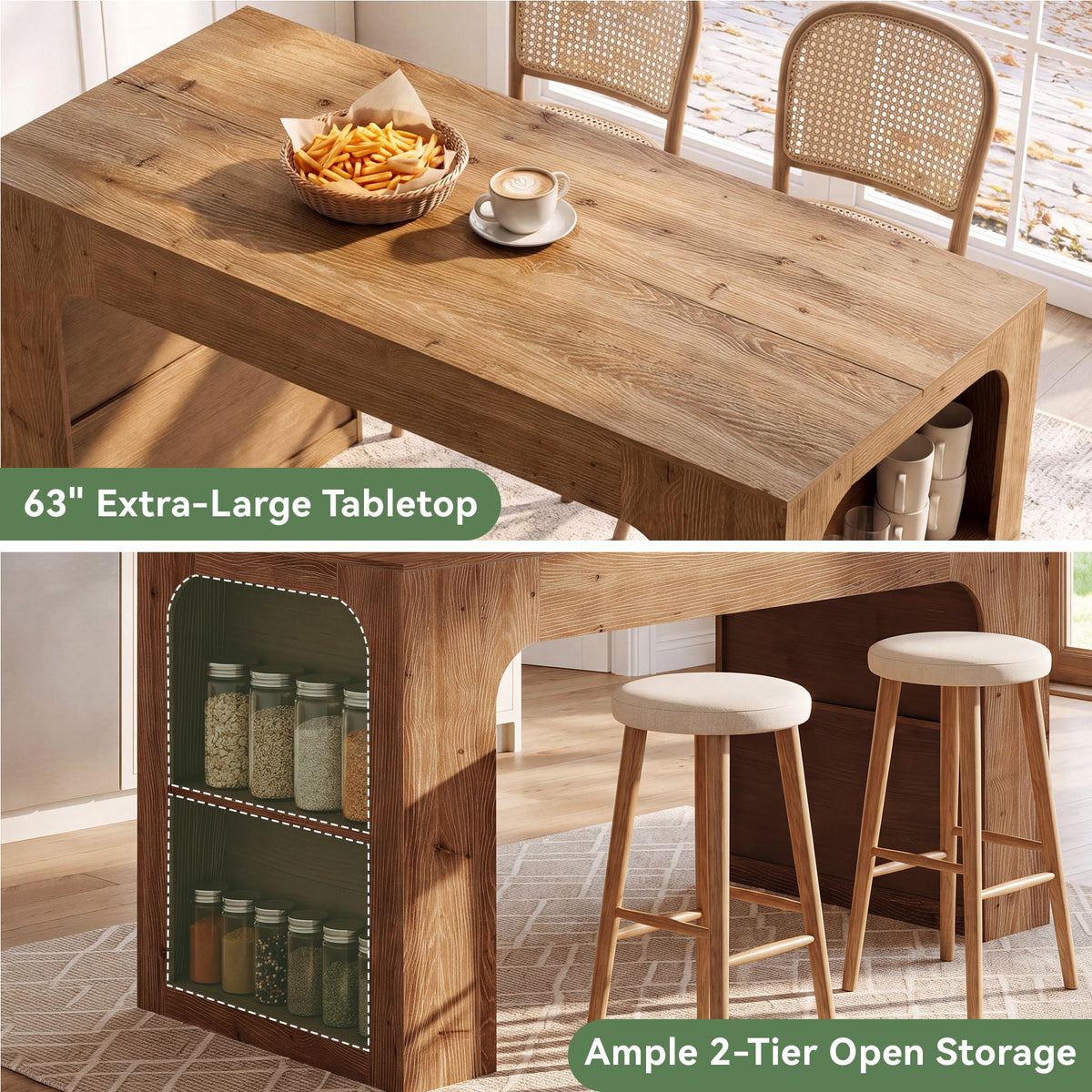 63" Solid Wood Kitchen Island with Storage Shelves, Kitchen & Dining Room