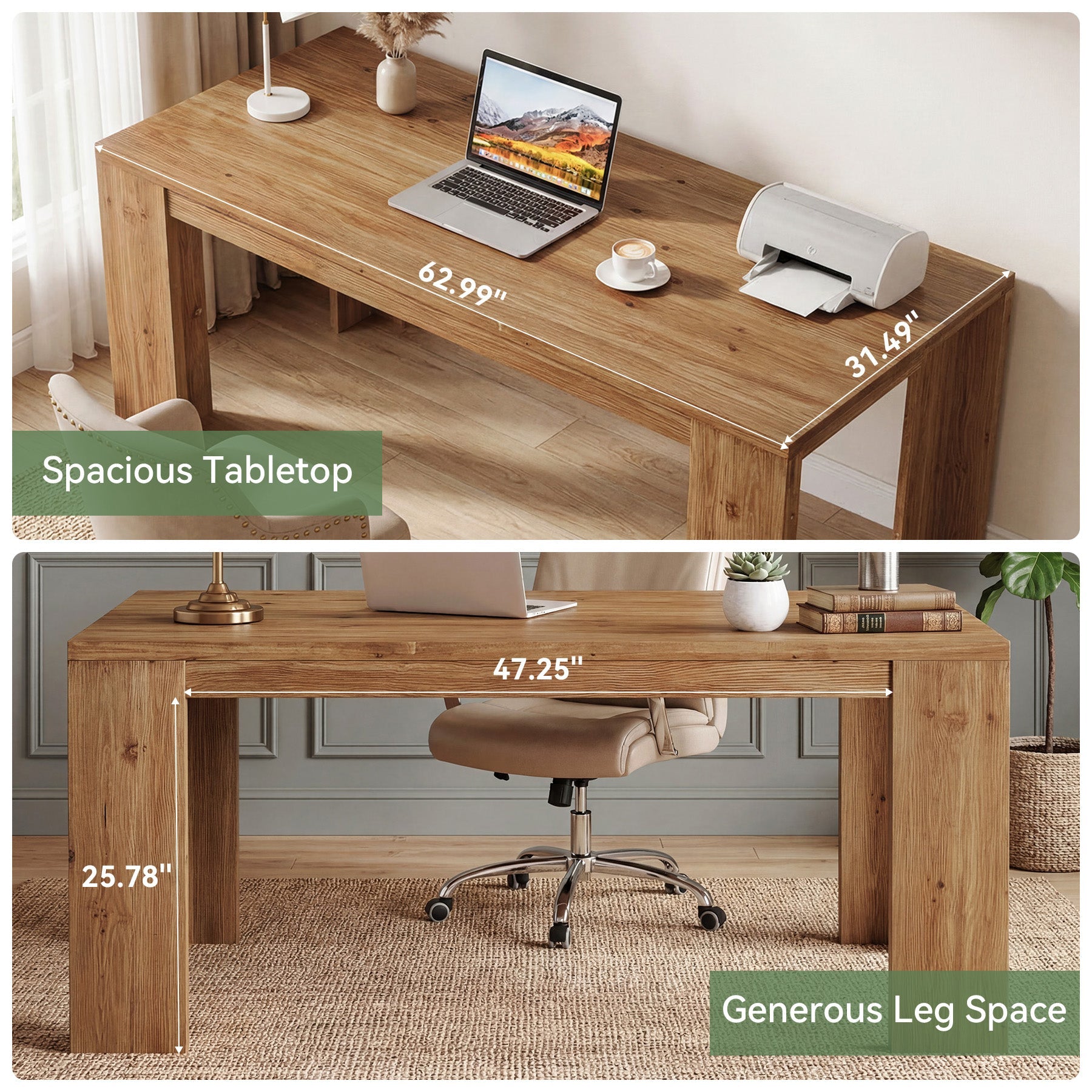 Tribesigns 63" Solid Wood Executive Desk, Farmhouse Office Desk for Home