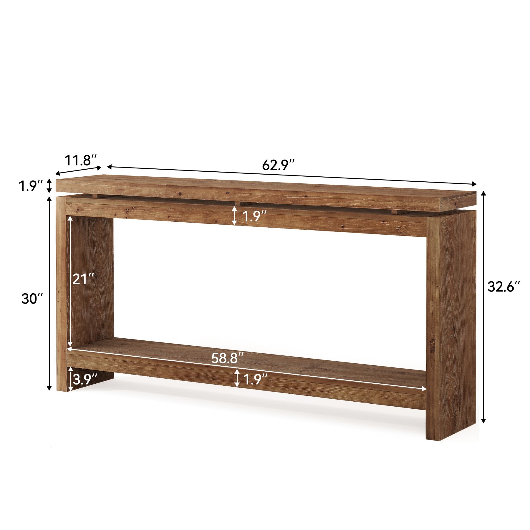 63" Solid Wood Console Table, 2-Tier Accent Sofa Table with Layered Double-Top Design