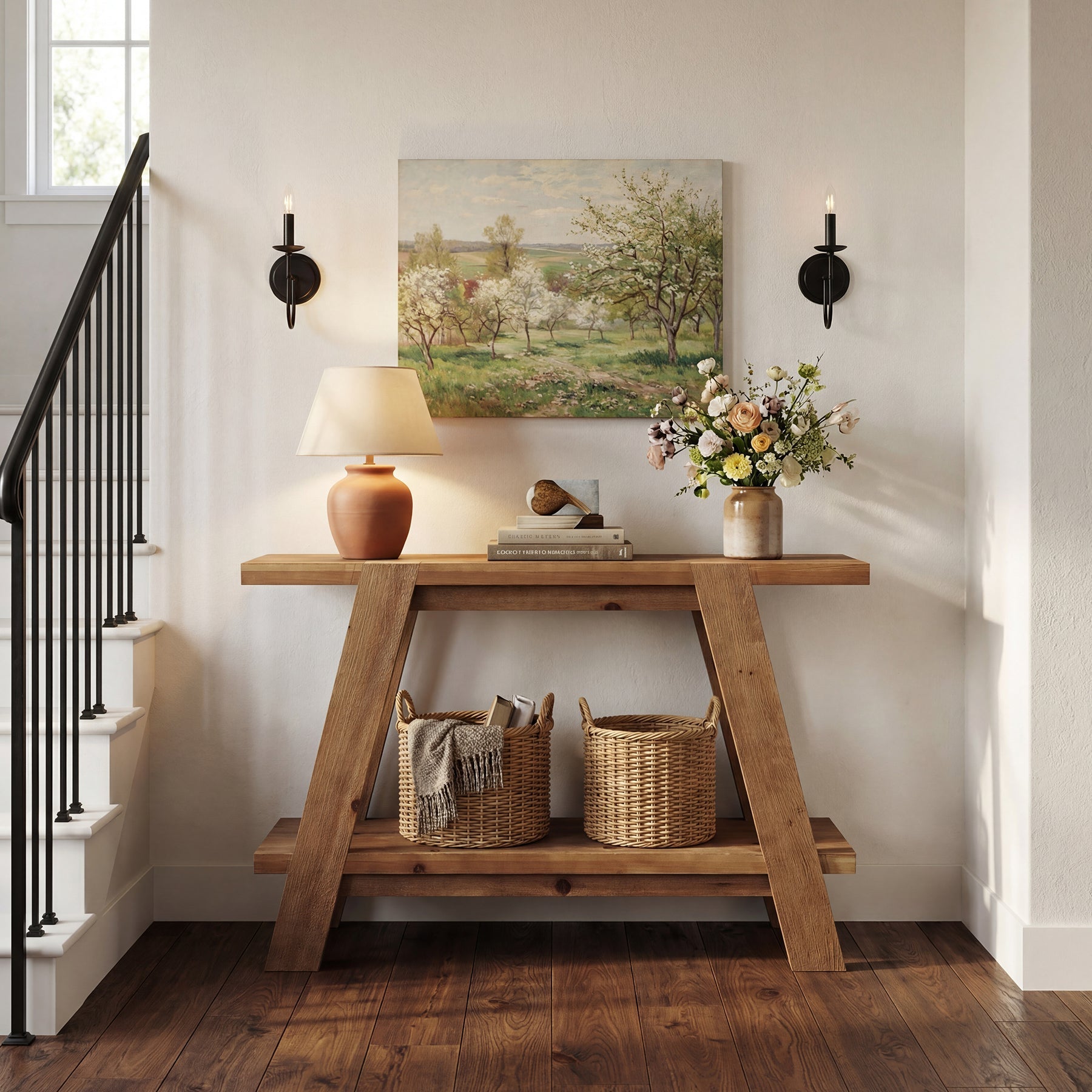 43" Narrow Console Table, 2-Tier Solid Wood Sofa Entryway Table