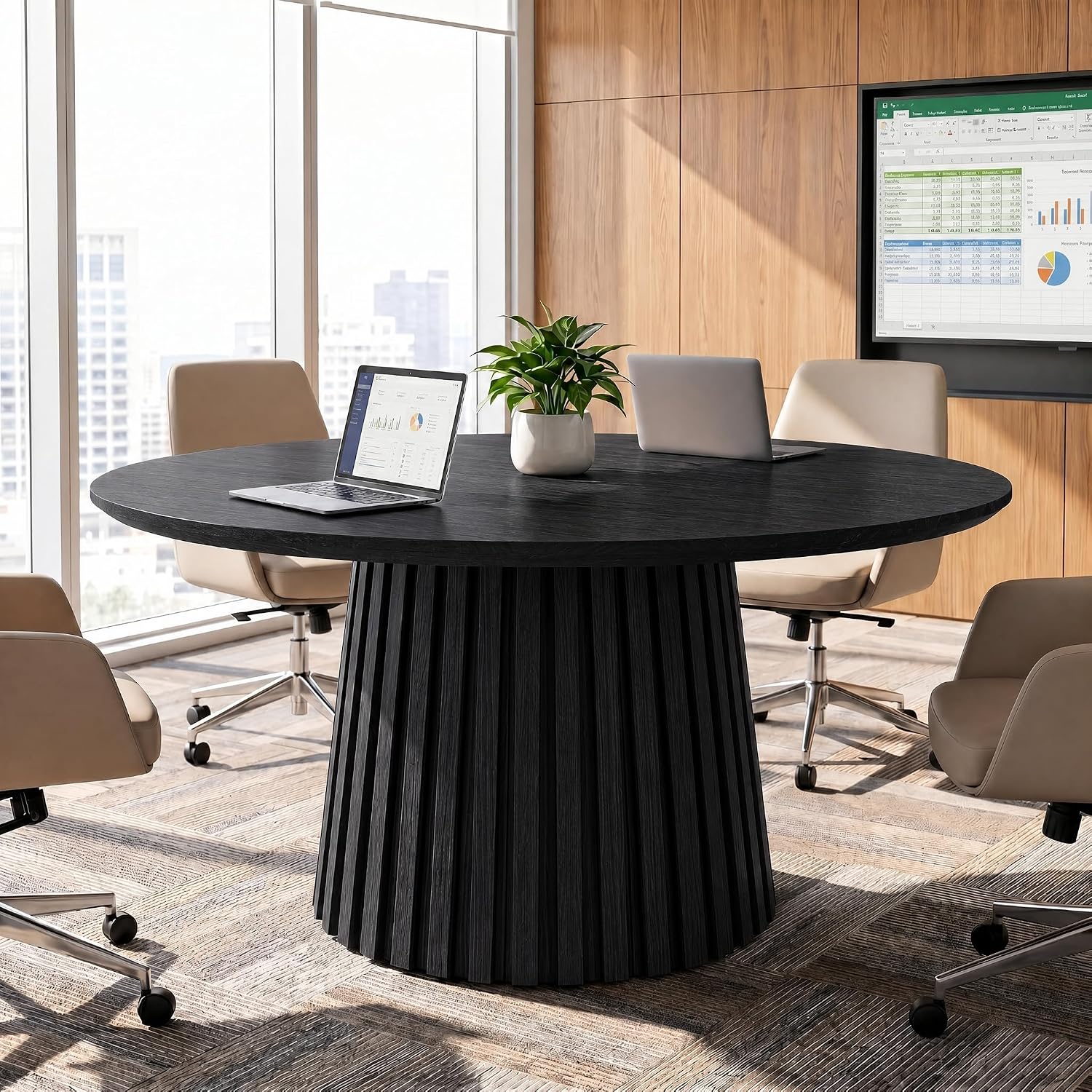 Solid Wood Round Conference Table for 4-6 People, Fluted Base Meeting Table for Office