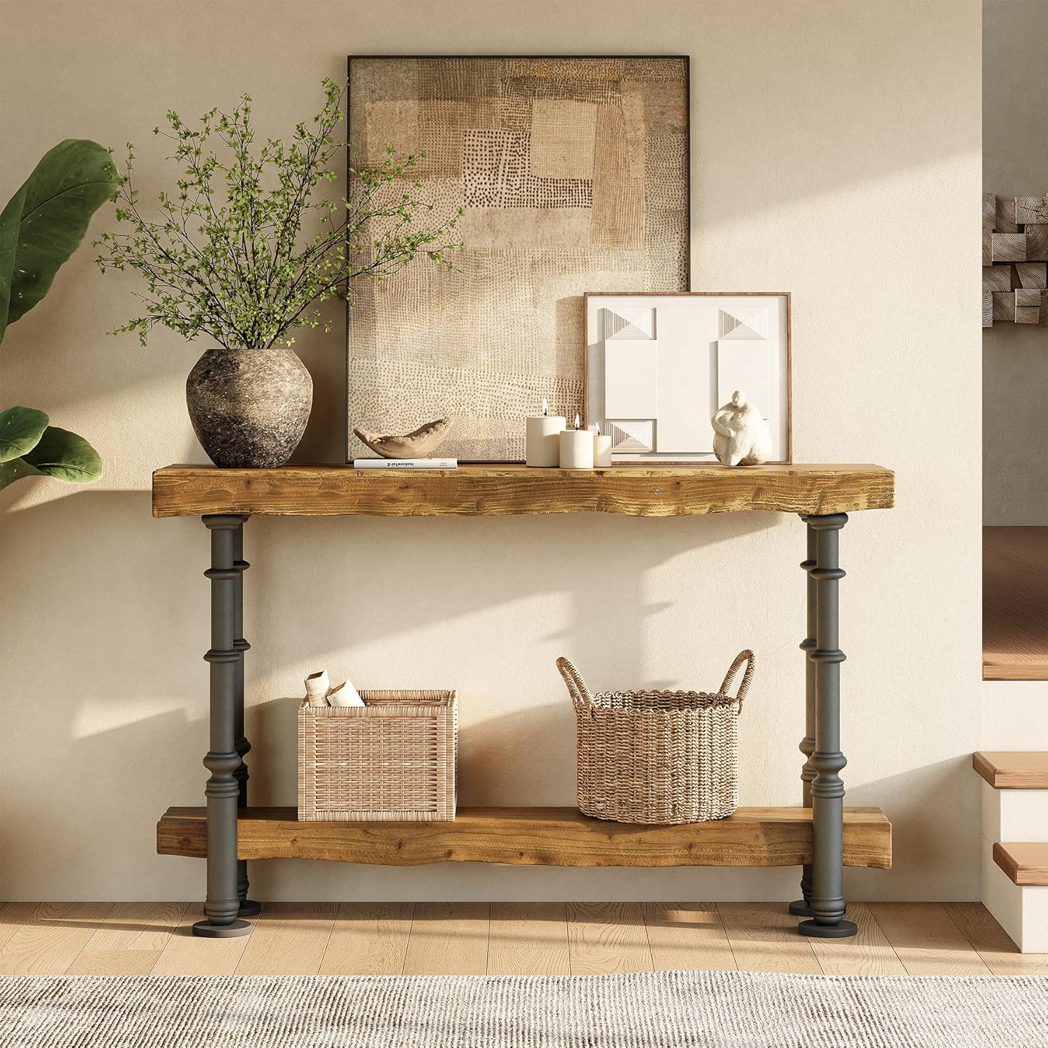 Solid Wood Console Table, 55" Industrial Sofa Table with Shelf