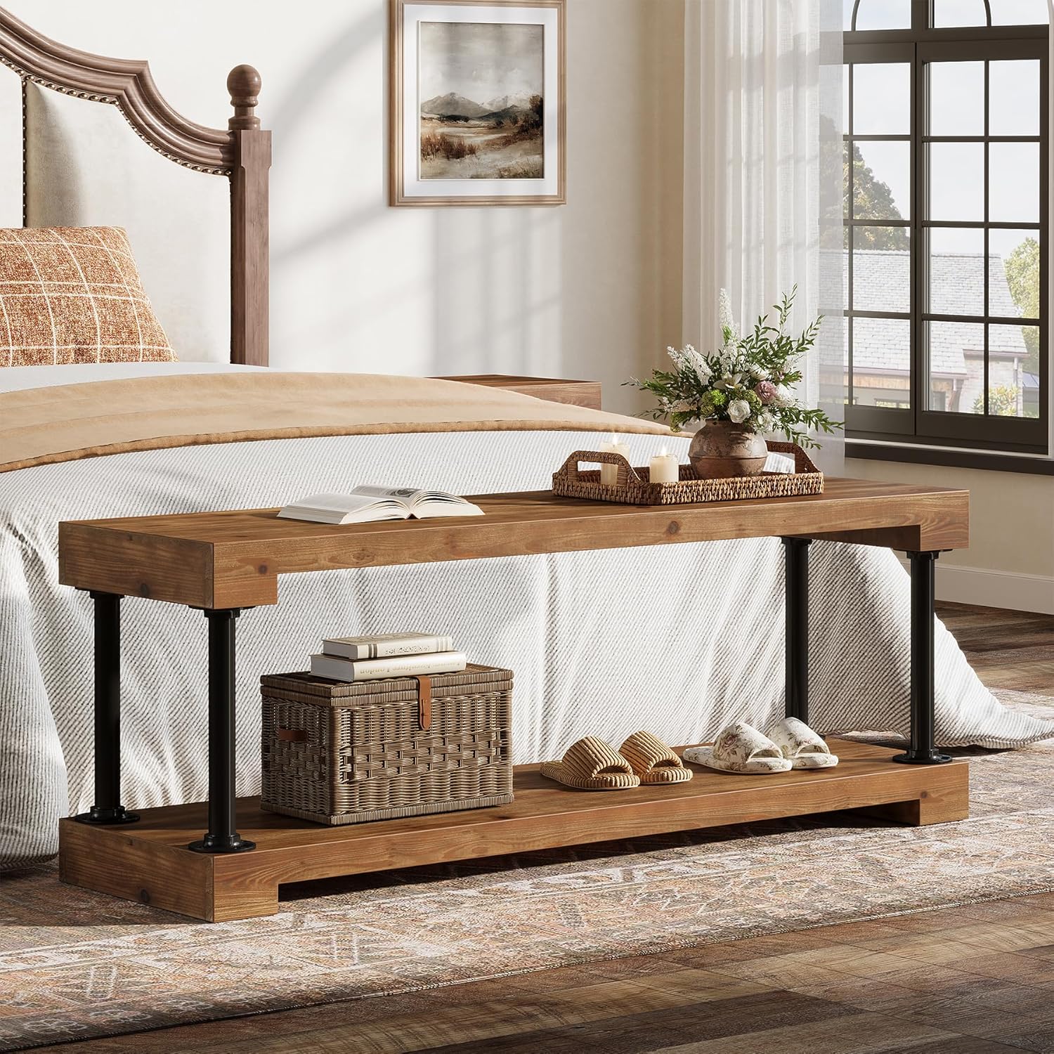 Tribesigns 63" Solid Wood Entryway Bench, Industrial Storage Bench with Shelf