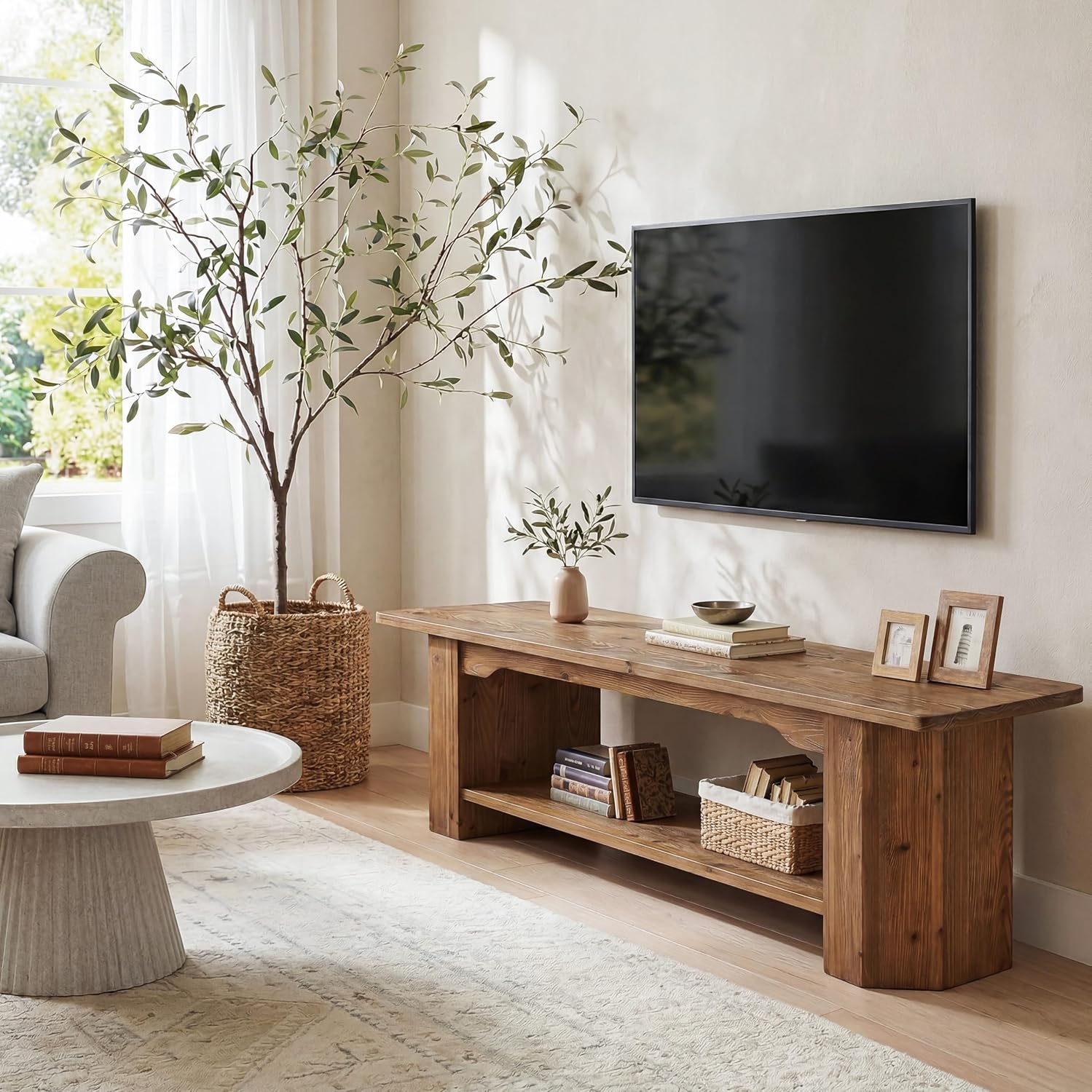 Tribesigns 63" Solid Wood TV Stand, Farmhouse Console for Living Room