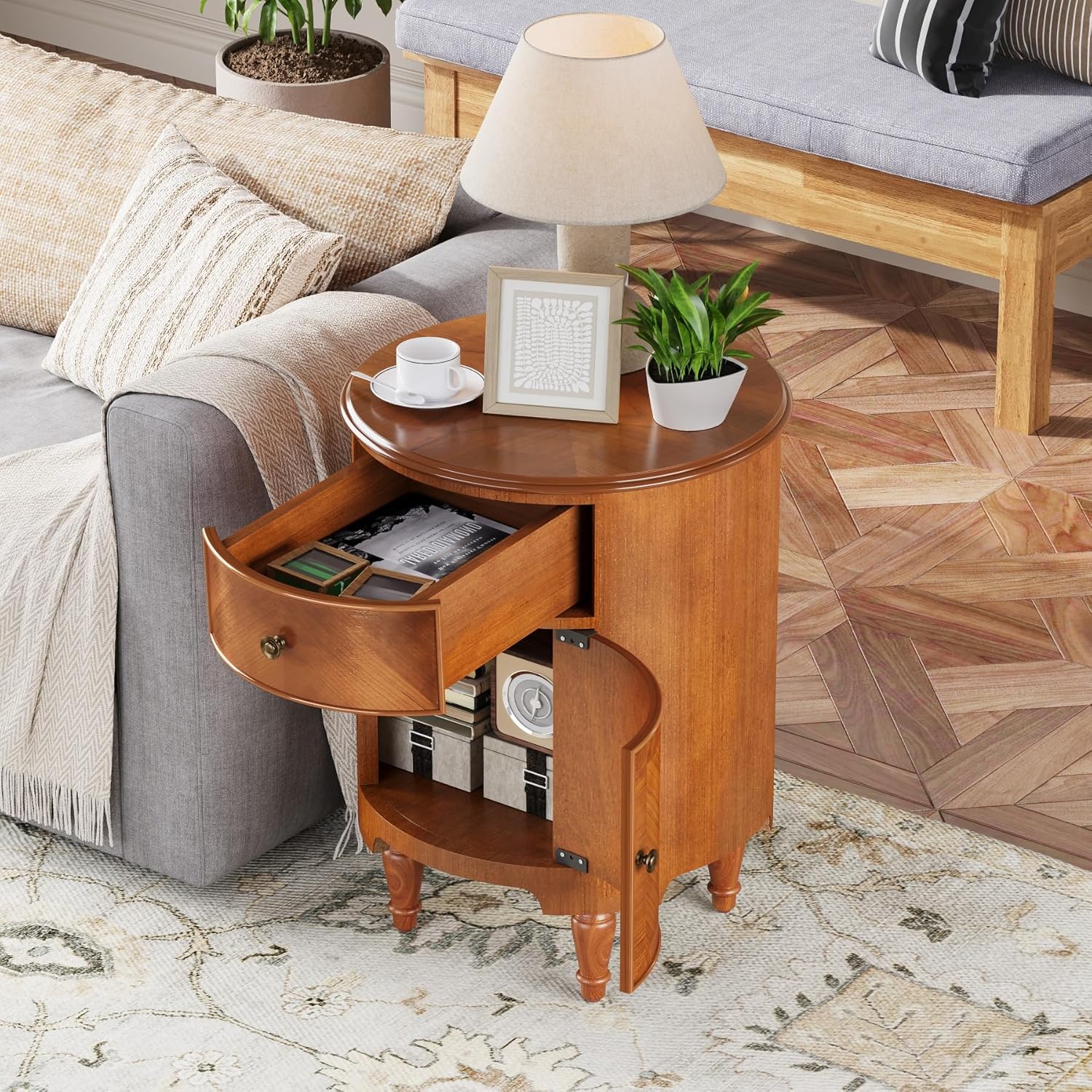 17.7" Round End Table, Solid Wood Sofa Side Table Nightstand with Drawer
