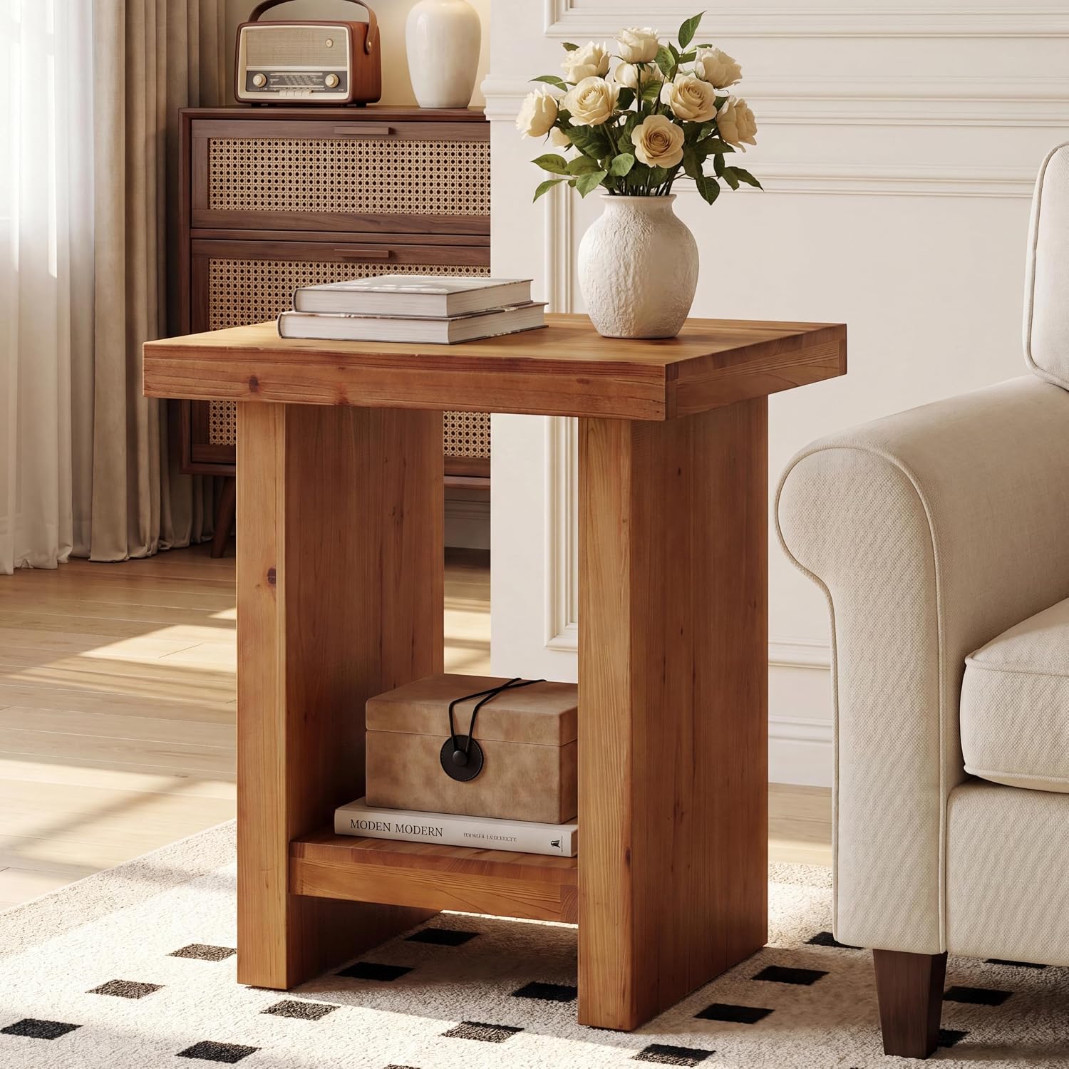 19.6" Solid Wood End Table, Farmhouse Side Table Nightstand with Open Storage