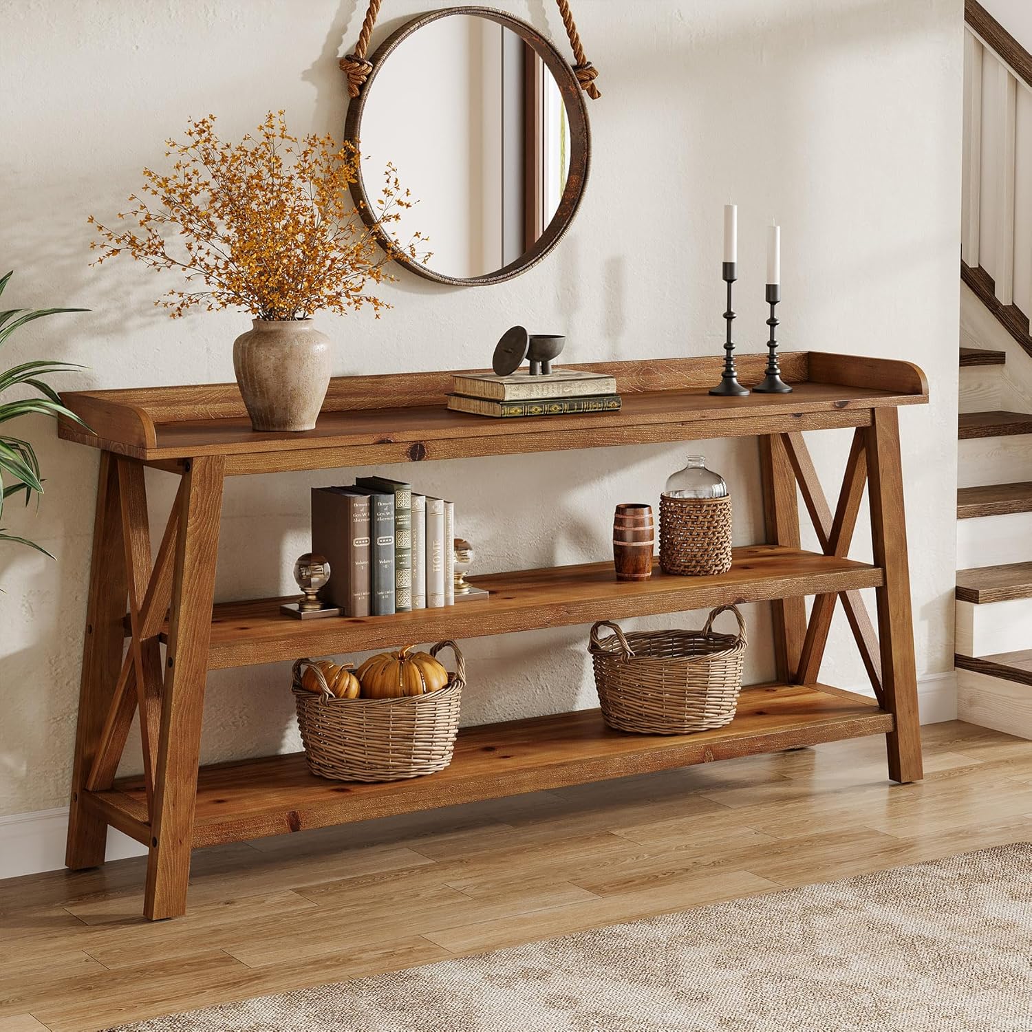 63” Solid Wood Console Table with 3-Tier Shelves, Farmhouse Sofa Table