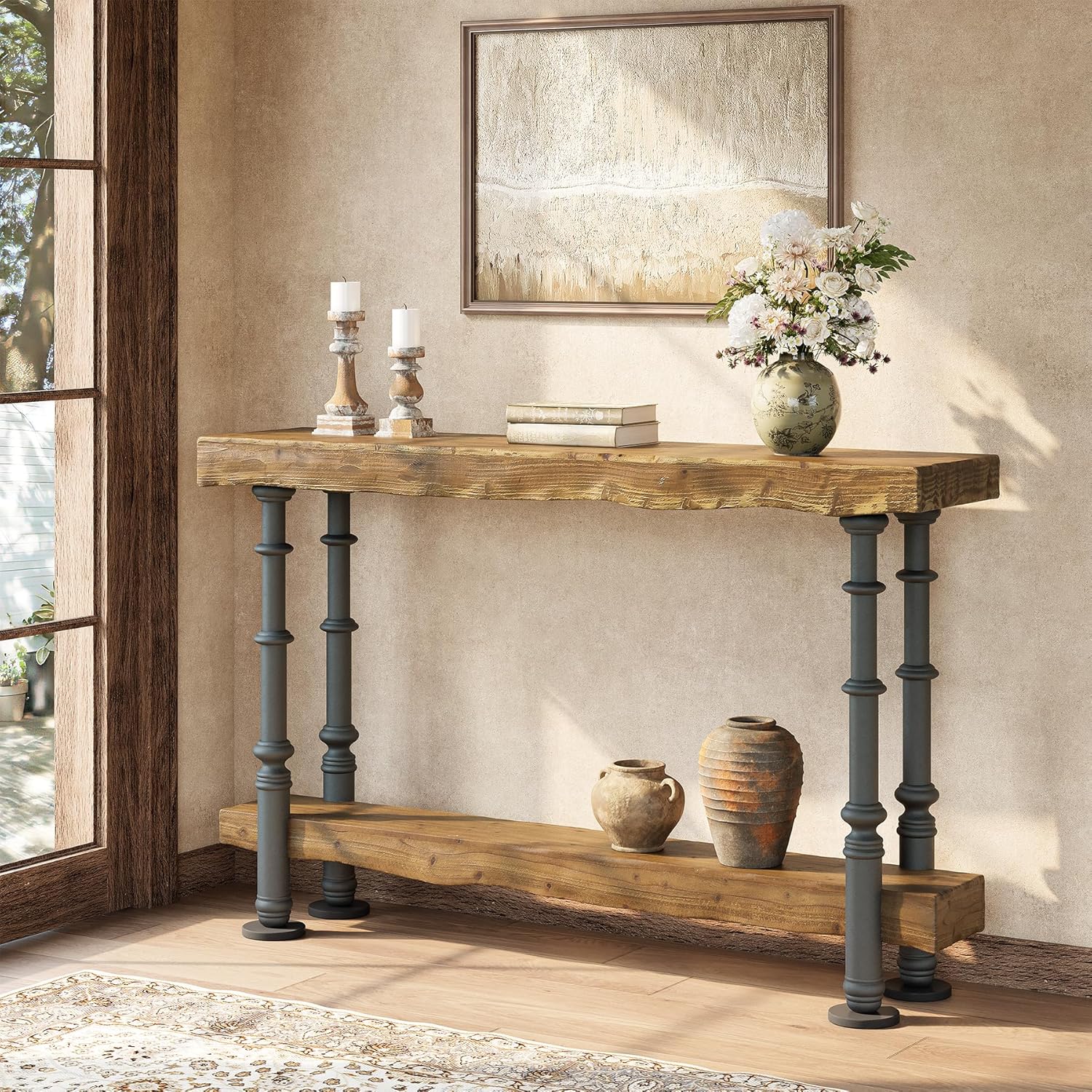 Solid Wood Console Table, 55" Industrial Sofa Table with Shelf