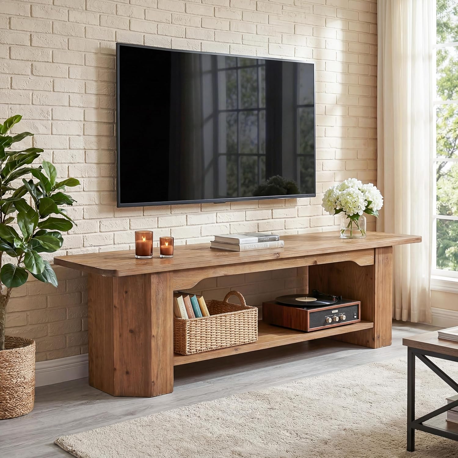 Tribesigns 63" Solid Wood TV Stand, Farmhouse Console for Living Room