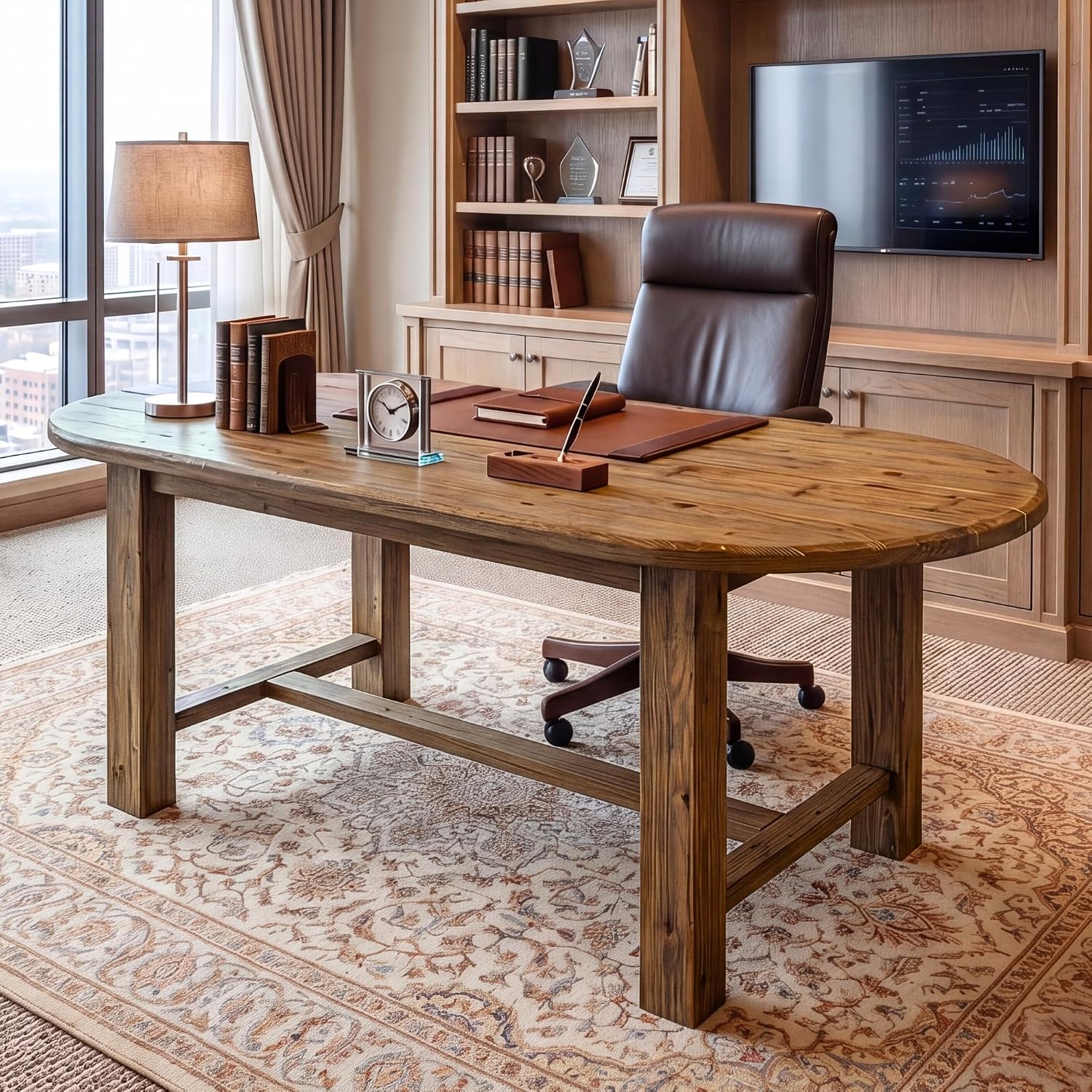 Solid Wood Executive Desk, 63" Oval Computer Table Office Desk with Crossbar for Home Office