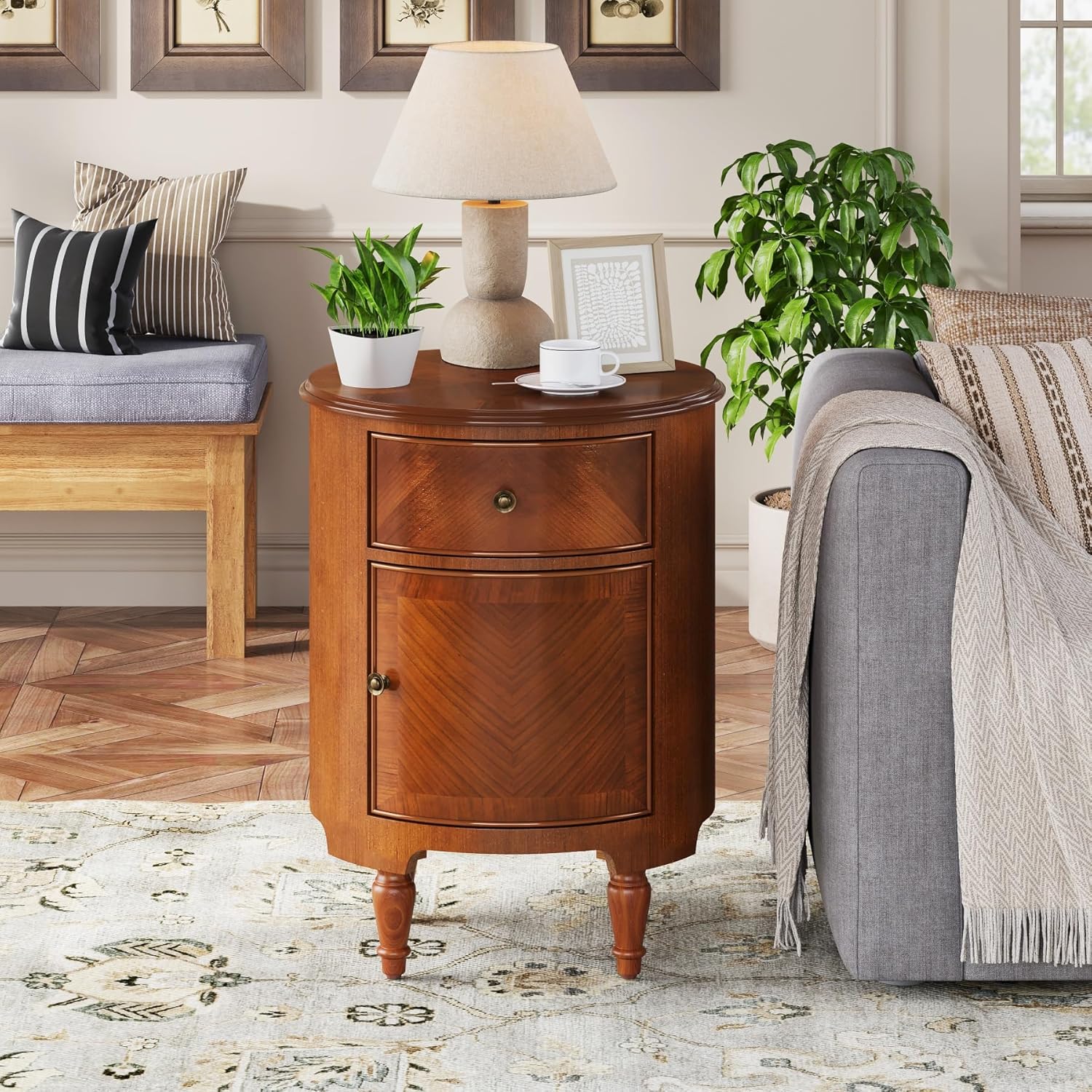 17.7" Round End Table, Solid Wood Sofa Side Table Nightstand with Drawer