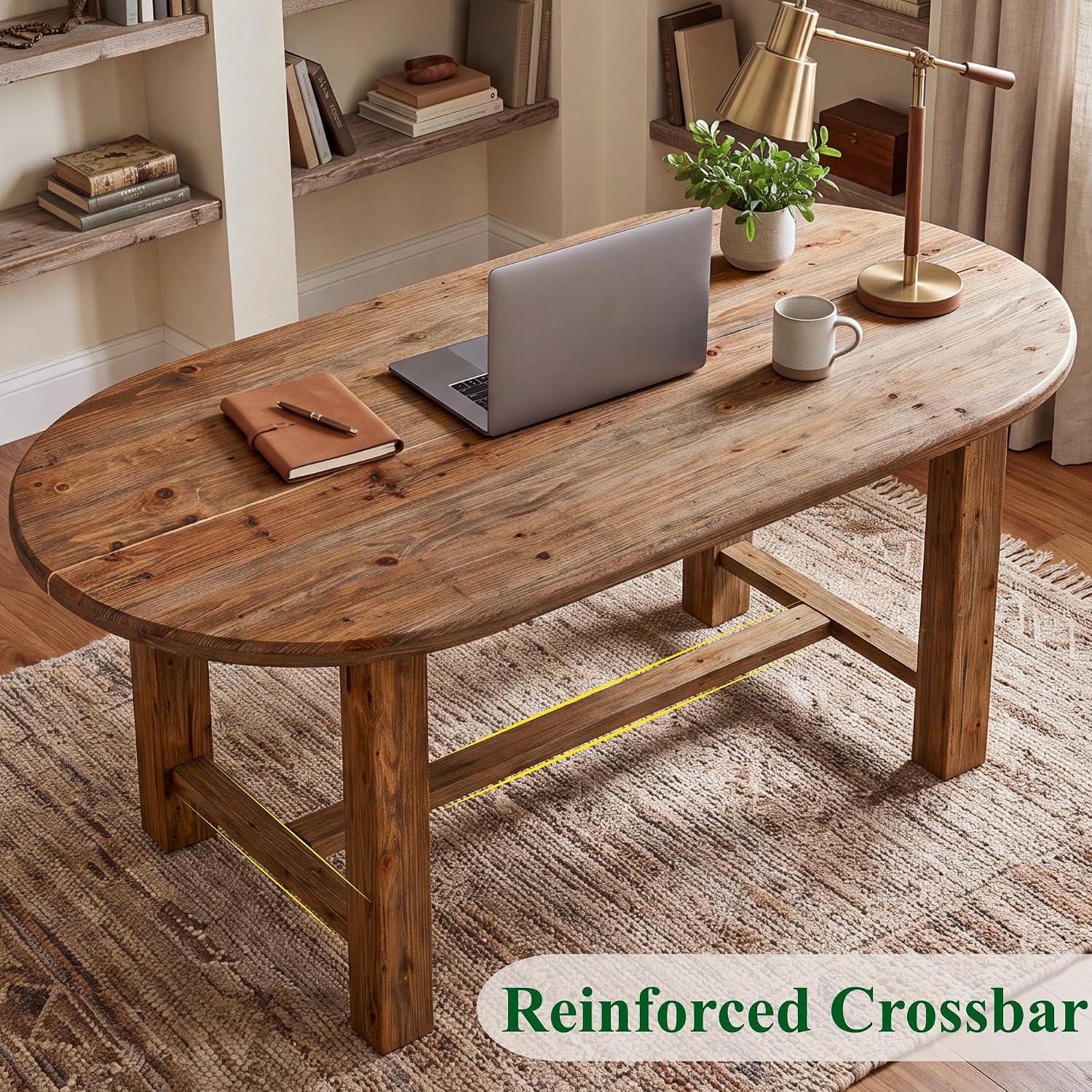 Solid Wood Executive Desk, 63" Oval Computer Table Office Desk with Crossbar for Home Office