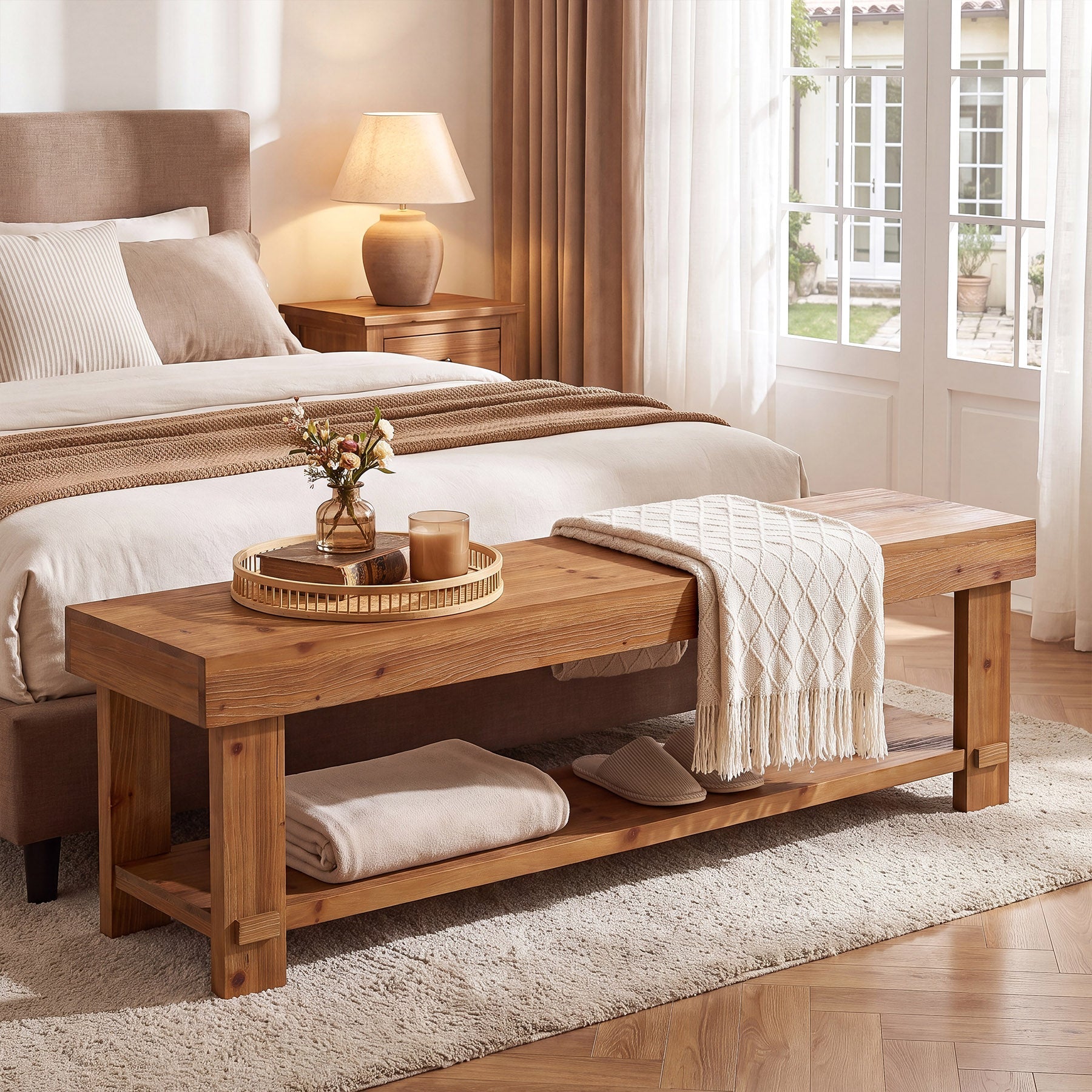 63" Solid Wood Entryway Bench, 2-Tier Shoe Bench End of Bed Bench with Storage