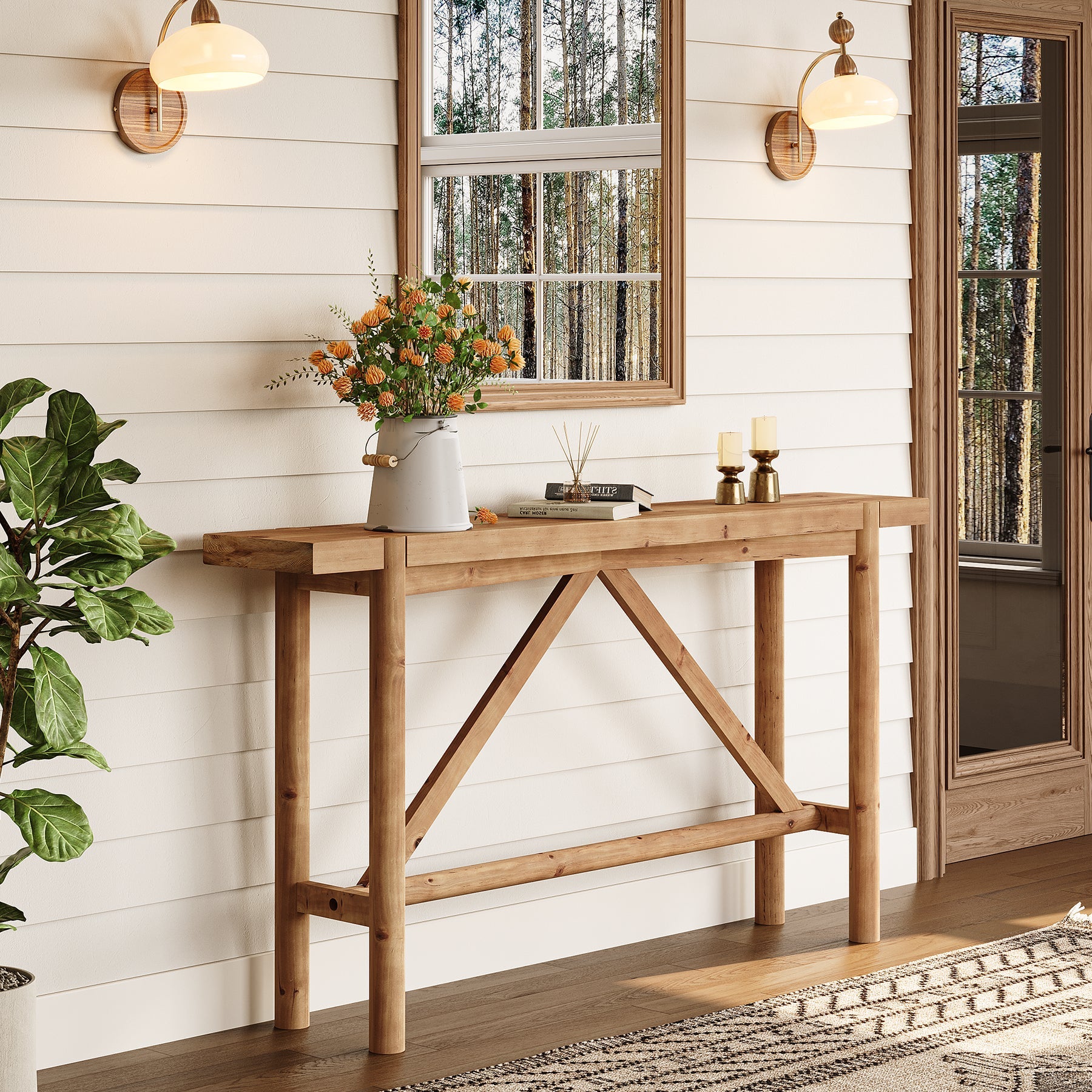 63" Console Table, Solid Wood Farmhouse Sofa Table Hallway Table