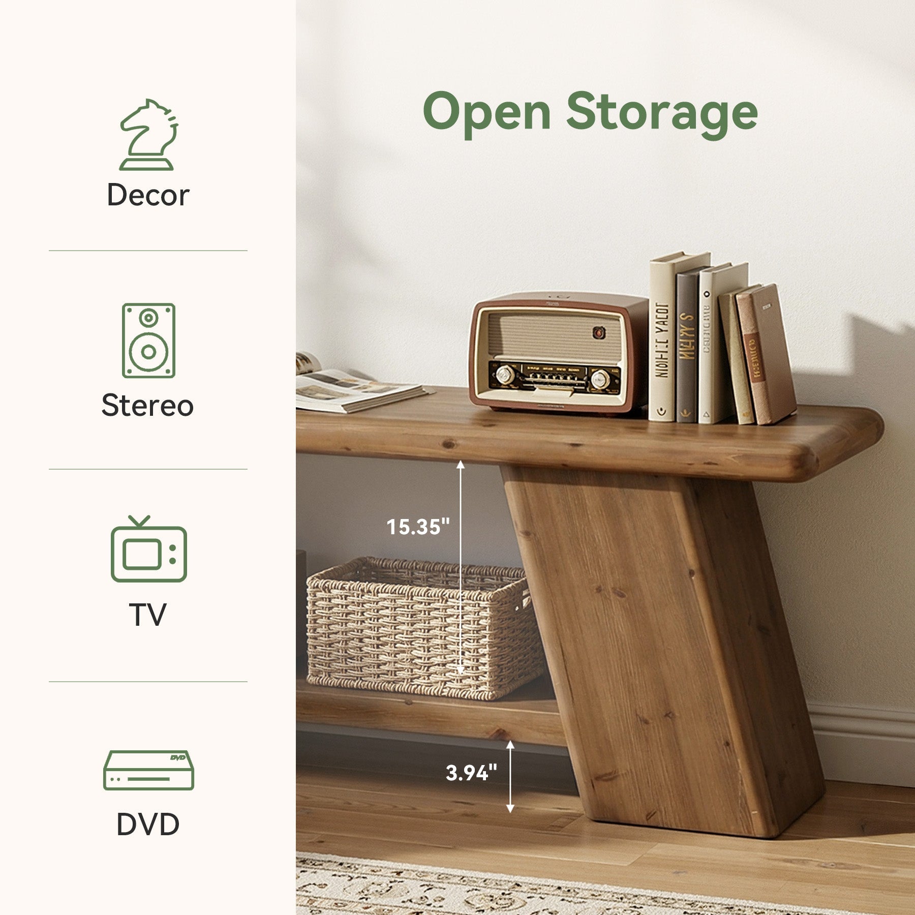 63" Solid Wood TV Stand for 50-65" TVs, Farmhouse Media Console with 2-Tier Open Storage