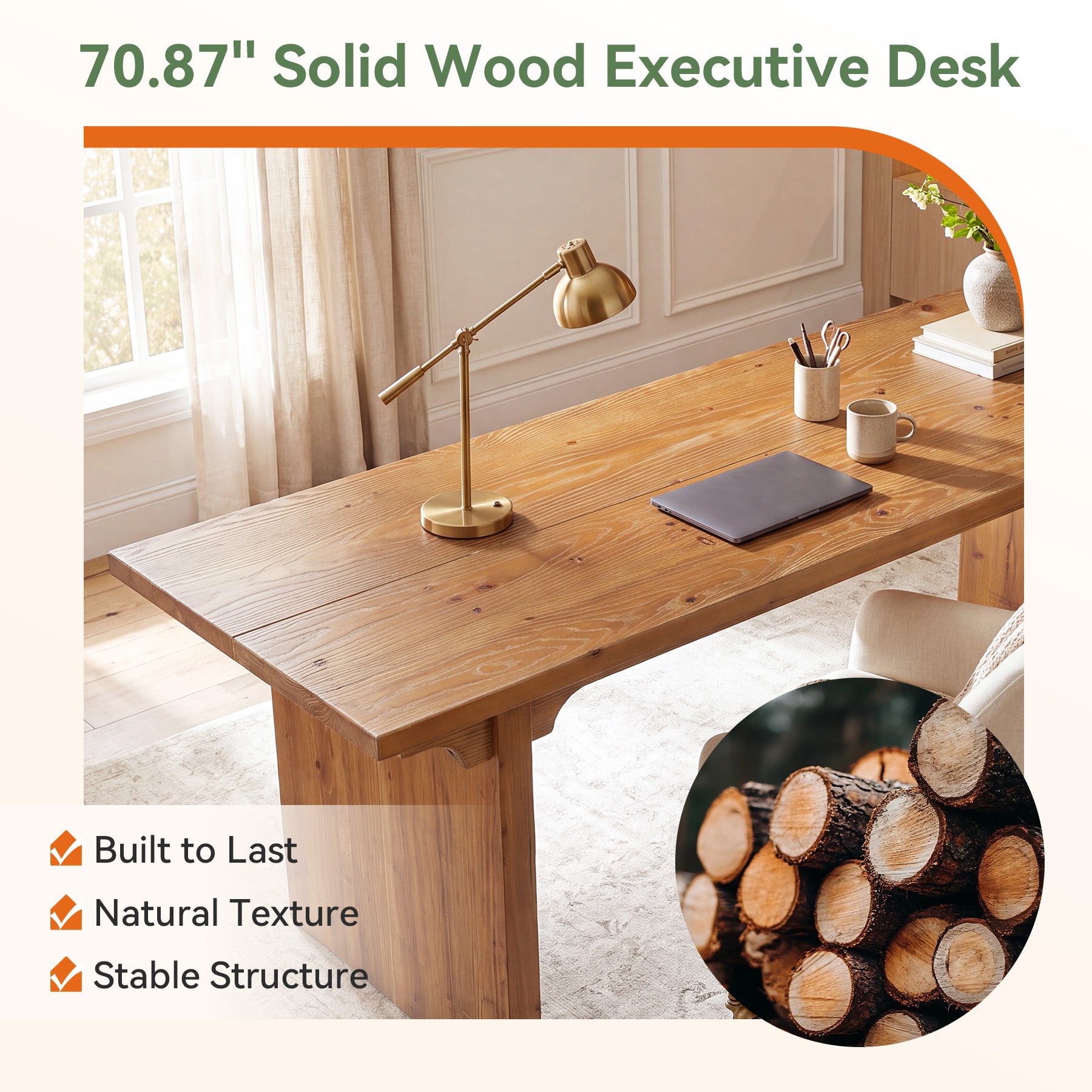 Solid Wood Executive Desk, 70.9" Computer Desk with Panel Legs for Home Office
