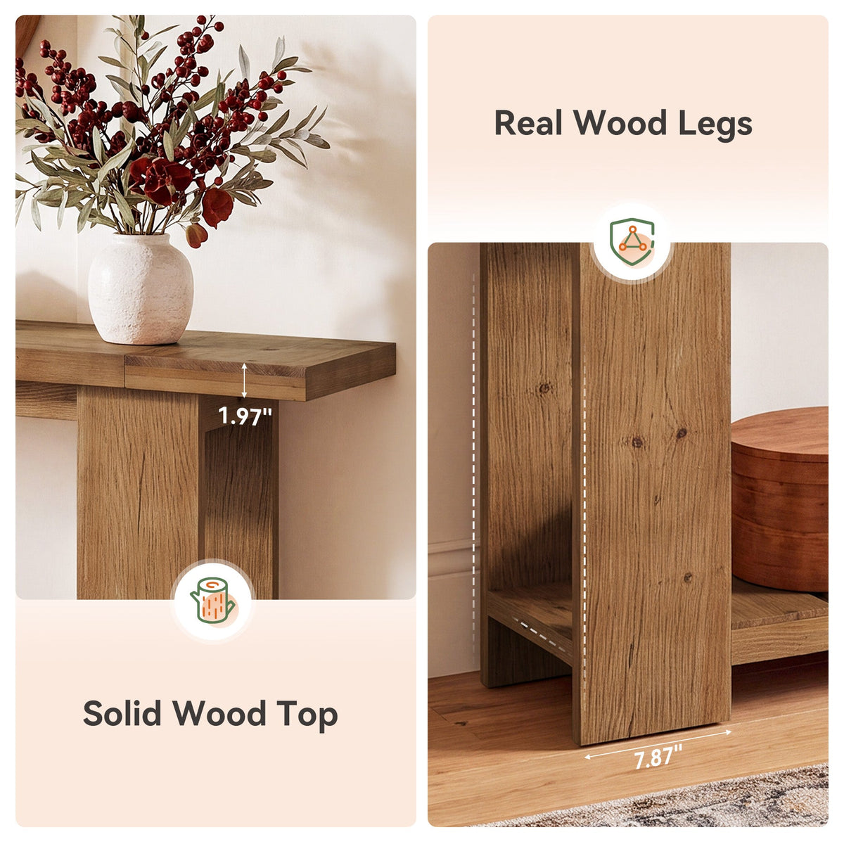 79" Solid Wood Console Table, Farmhouse Sofa Entryway Table with 2-Tier Storage