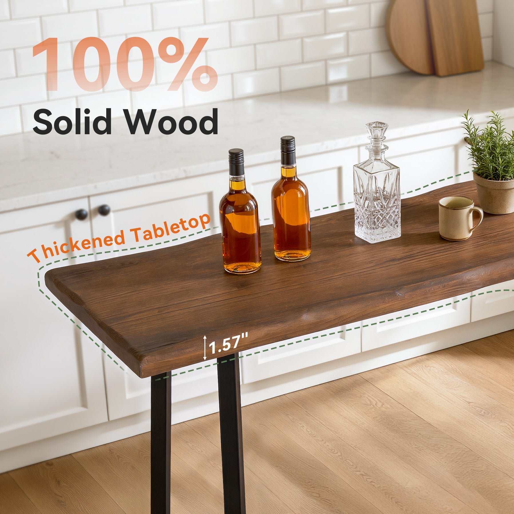Solid Wood Bar Table,  63" Counter Height Pub Table with Sturdy Metal Frame
