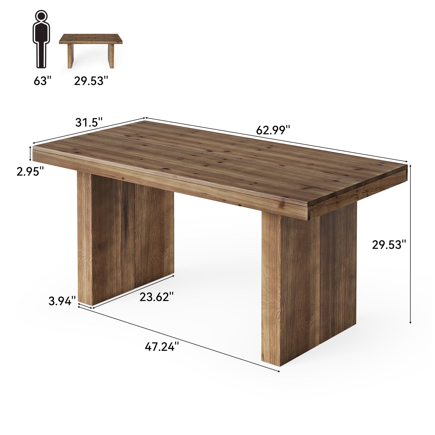 63" Solid Wood Executive Desk, Farmhouse Large Computer Desk with Sturdy Legs