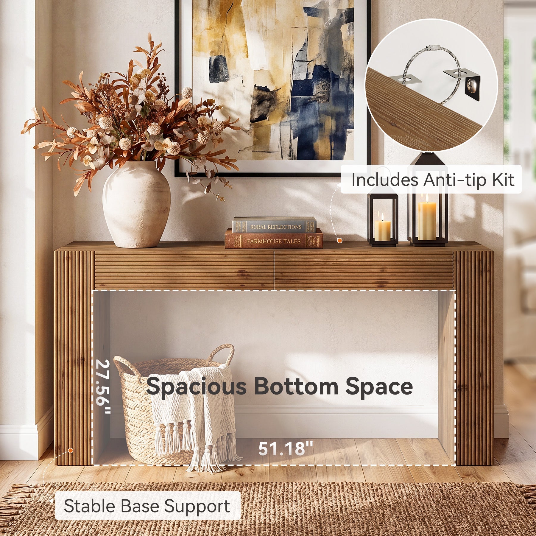 63" Solid Wood Console Table with 2 Drawers, Fluted Entryway Sofa Table for Hallway, Foyer