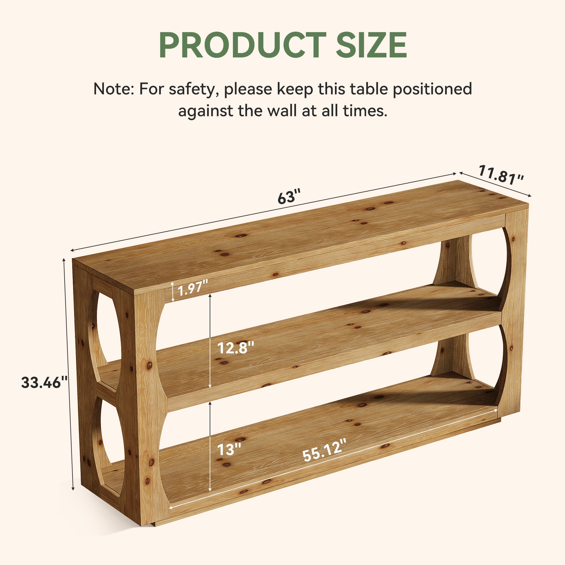 63" Solid Wood Console Table, Farmhouse Narrow Entryway Sofa Table with 3-Tier Storage