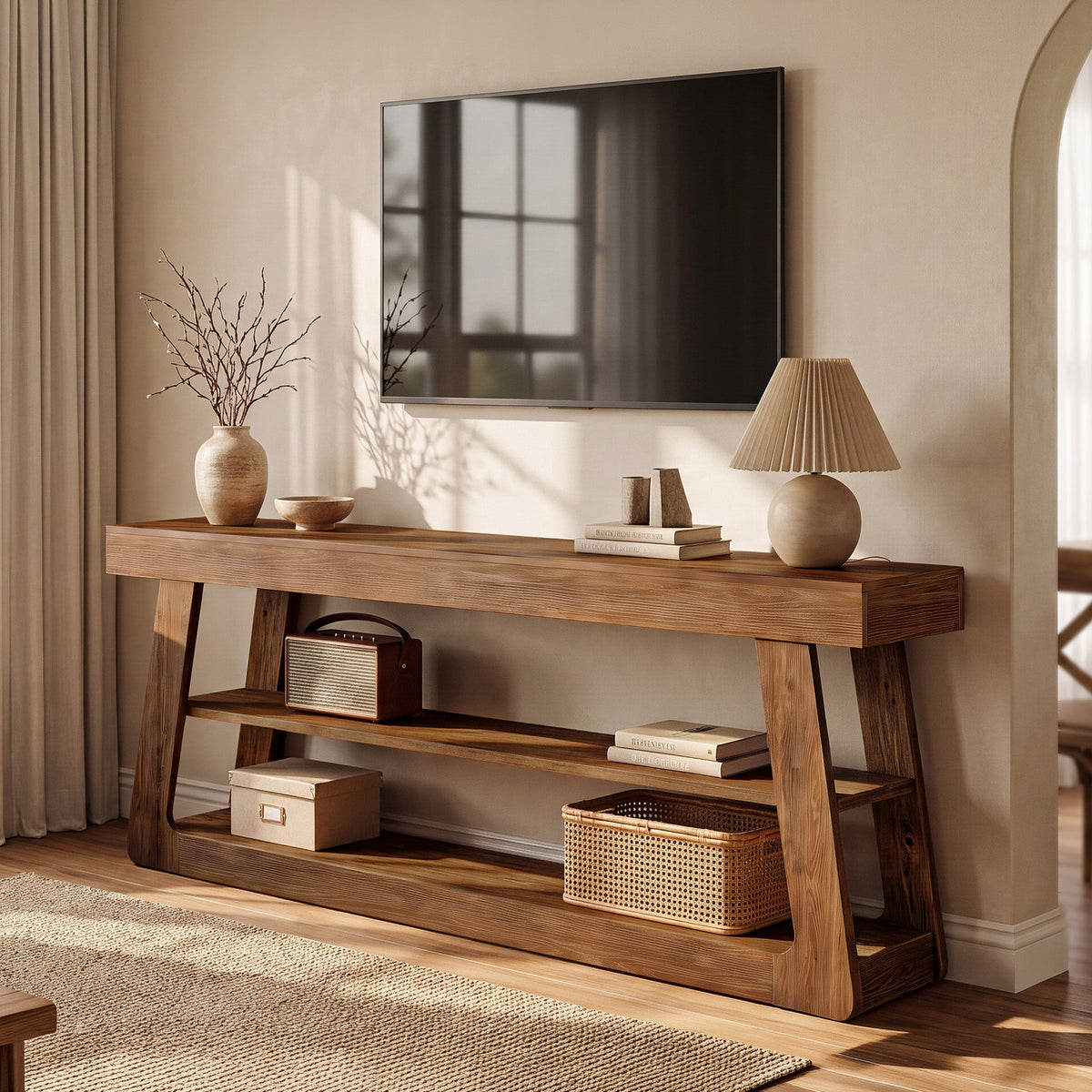 63" Solid Wood TV Stand, 3-Tier Storage Entertainment Center For Living Room