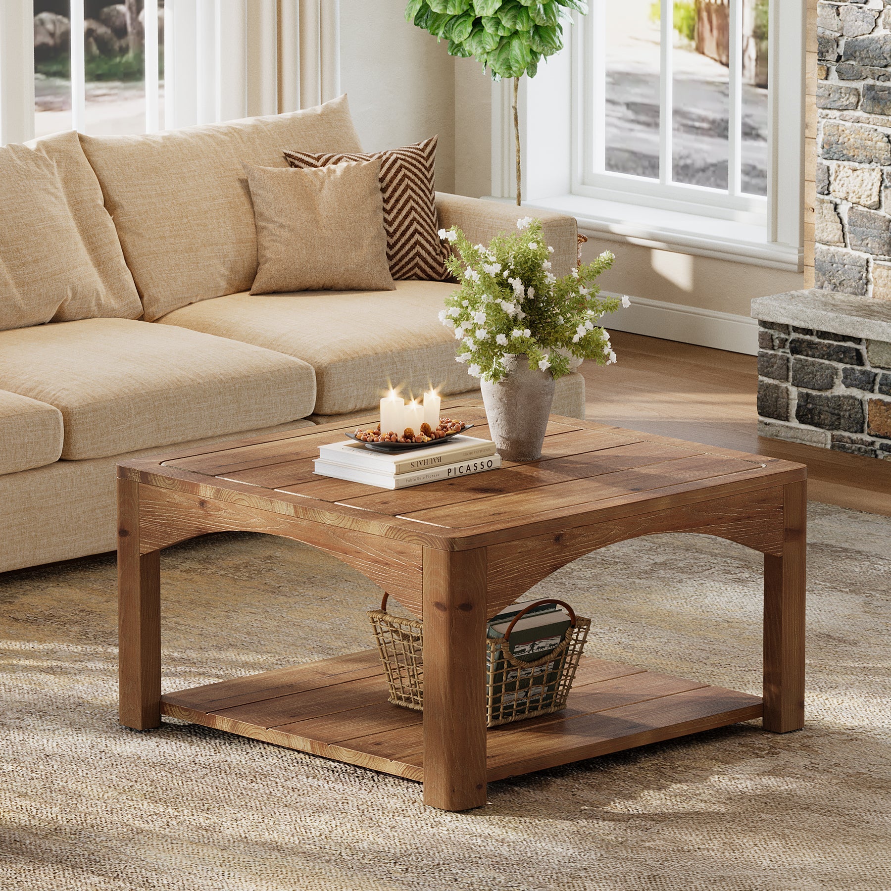 31.5" Square Coffee Table, Solid Wood 2-Tier Center Table for Living Room