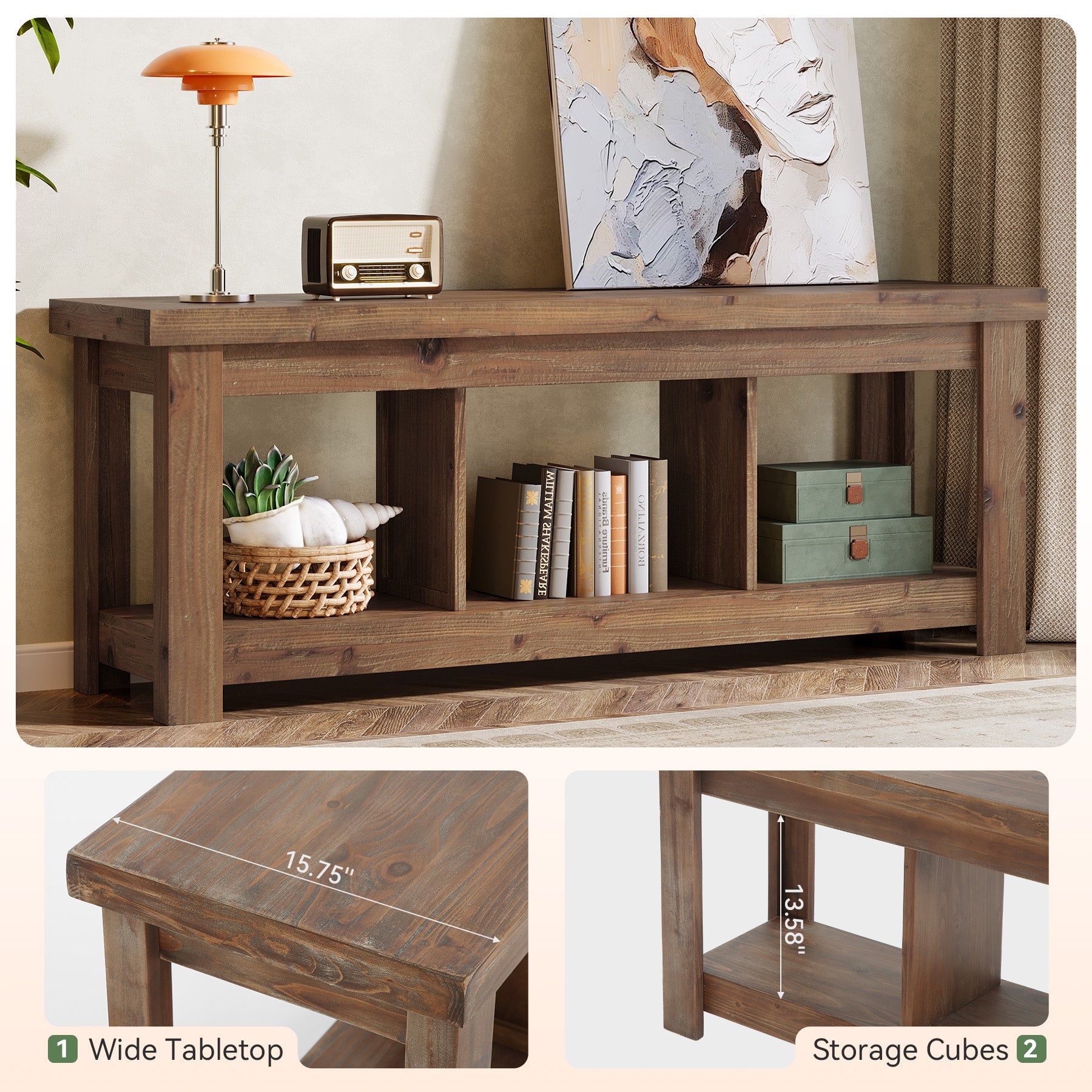 Solid Wood Console Table, 63" Sofa Entryway Table With 3 Open Shelves