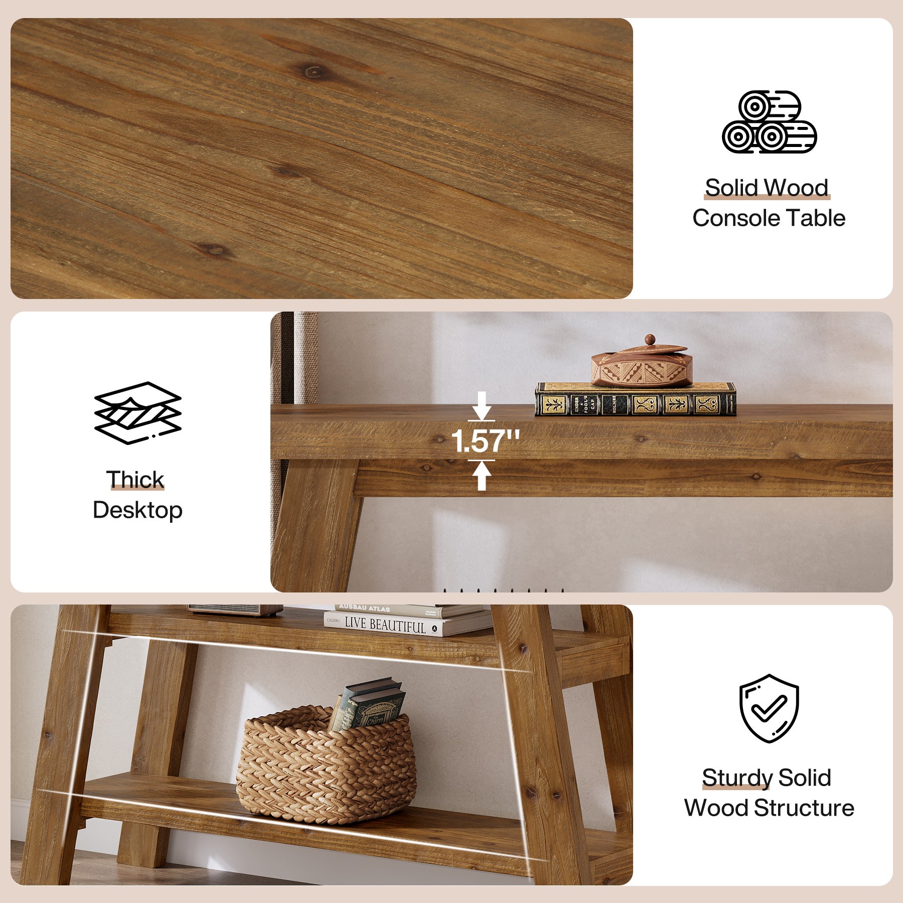 Solid Wood Console Table, 47.24" Farmhouse Entryway Table with 3-Tier Shelves