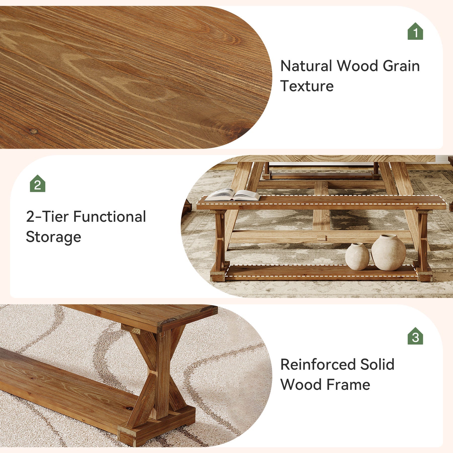 59" Solid Wood Dining Bench, 2-Tier Wooden Storage Bench for Dining Room