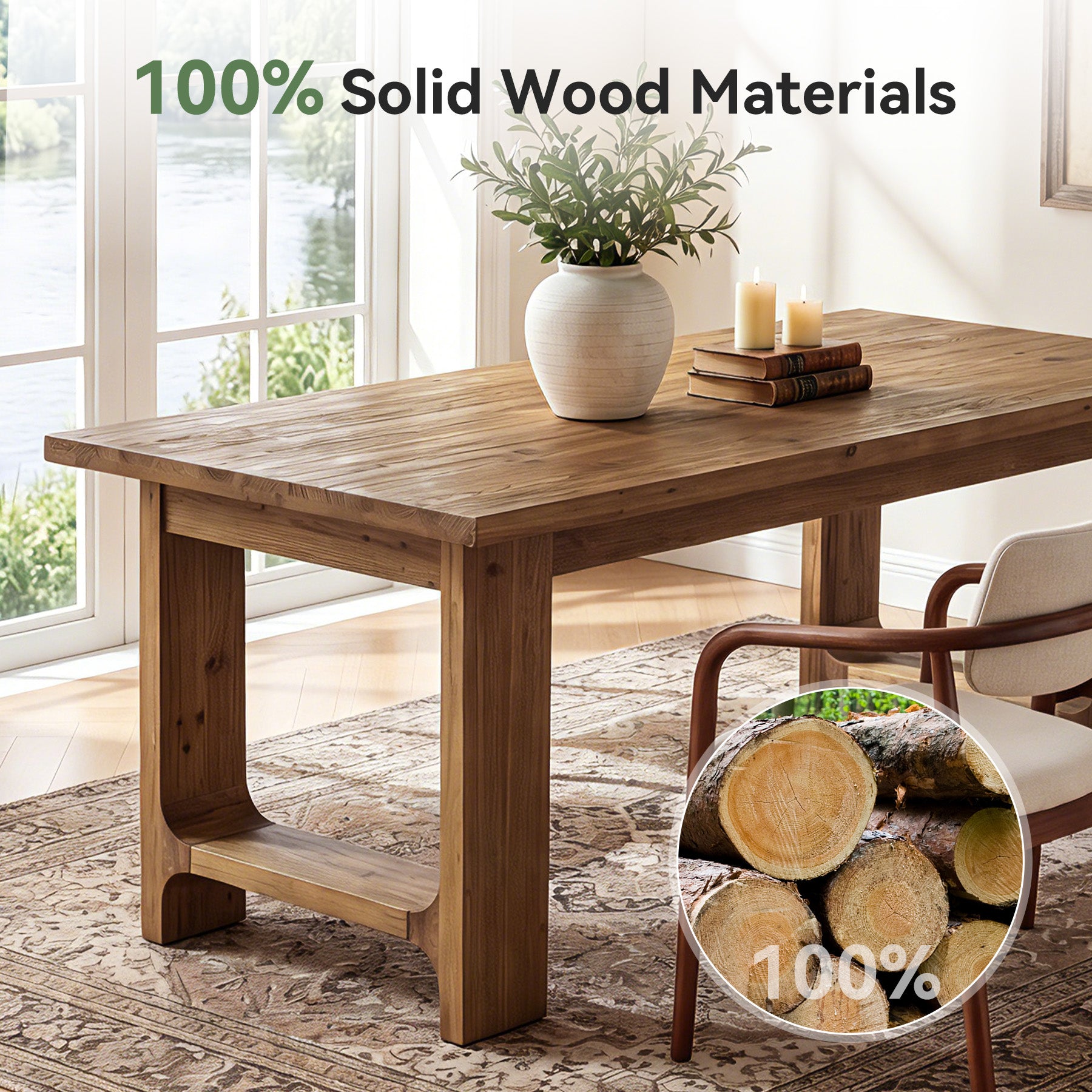 Tribesigns 63-Inch Solid Wood Dining Table with U-Shaped Legs, Farmhouse Kitchen Table for 6 People
